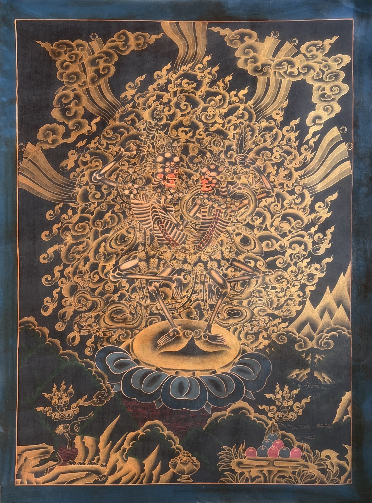 CITIPATI/ DANCING SKELETON/ HAPPY COUPLE OIL-VARNISHED TIBETAN THANGKA PAINTING