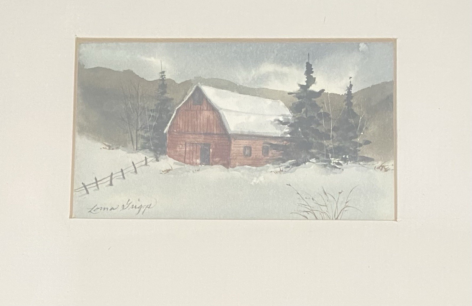 Original Watercolor Framed Matted Winter Red Barn Signed Lorna Griggs