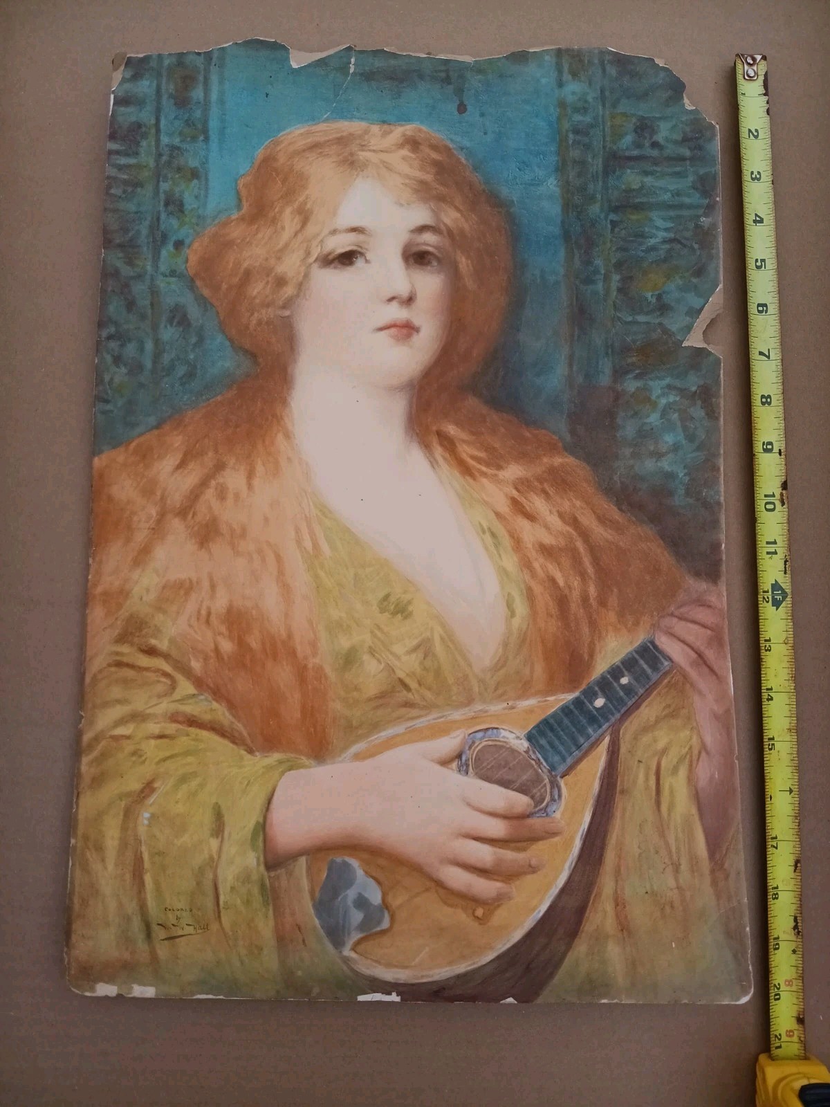 Antique Etching Portrait of Woman Girl Playing Mandolin- Colored By W. W. Hall