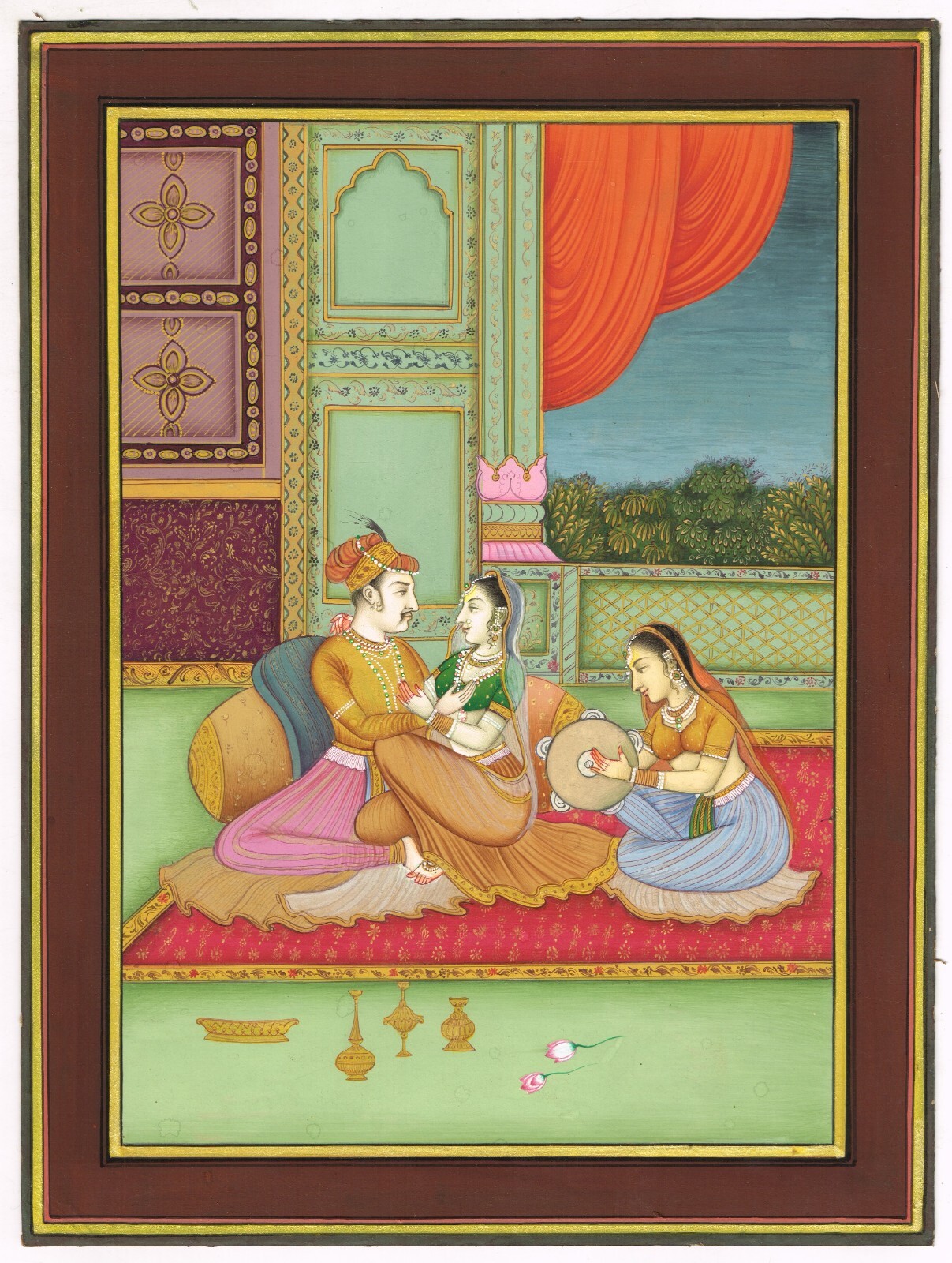 Indian Love Scene Hand Miniature Painting A Mughal & Queen In Love 9×12 Inches