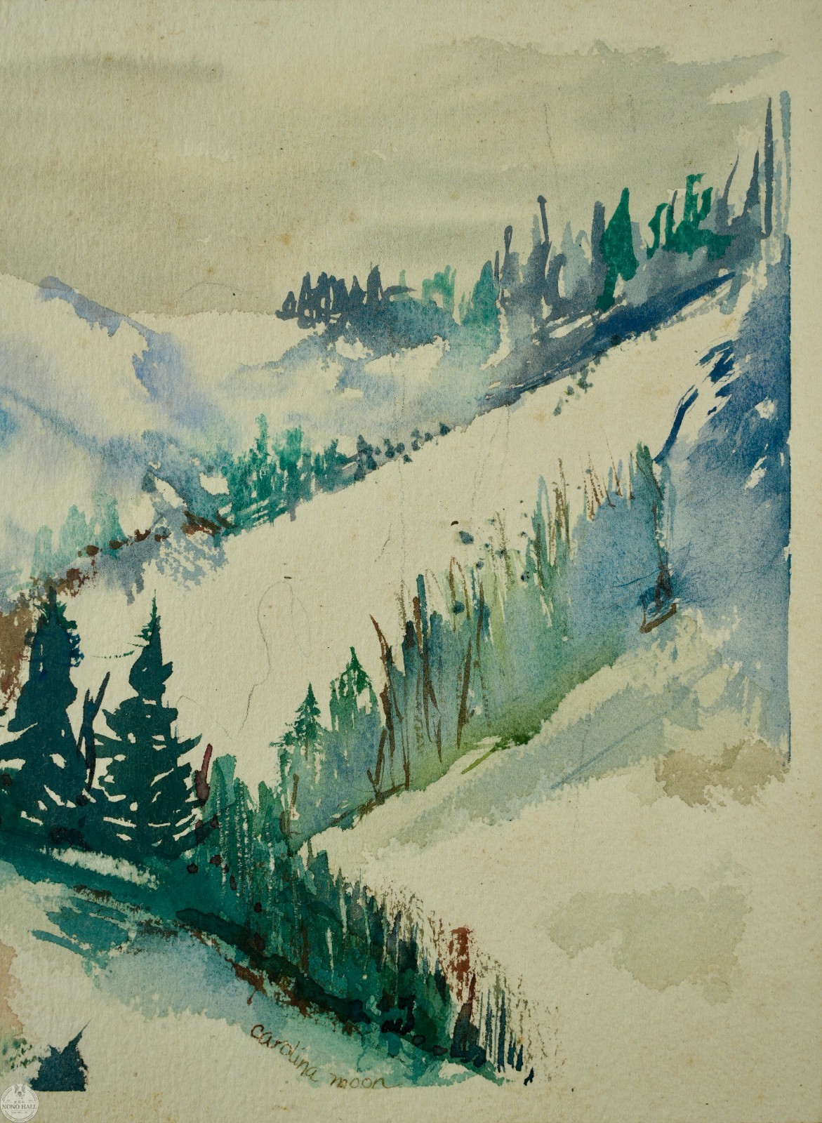 Vintage Original Impressionist Landscape Watercolor Painting «Alpine Winter»