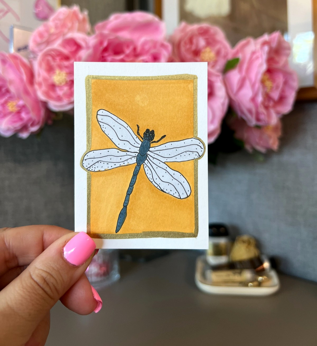 ACEO Original, Abstract Dragonfly, Miniature Whimsical Painting
