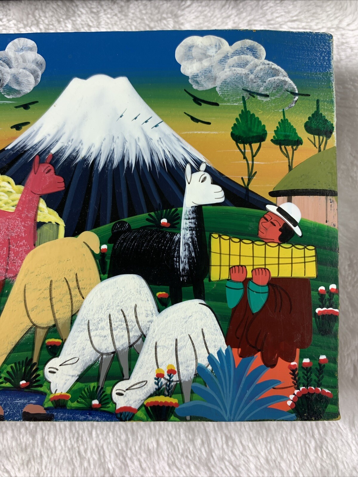 Vintage Cotopaxi Ecuador Mini Paintings Hide Llama Alpaca Signed Pedro Vega Pair
