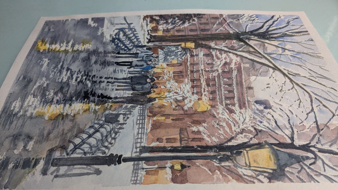 Urban Winter Evening City Watercolor Painting Snowy Road Street Lights A4 Art