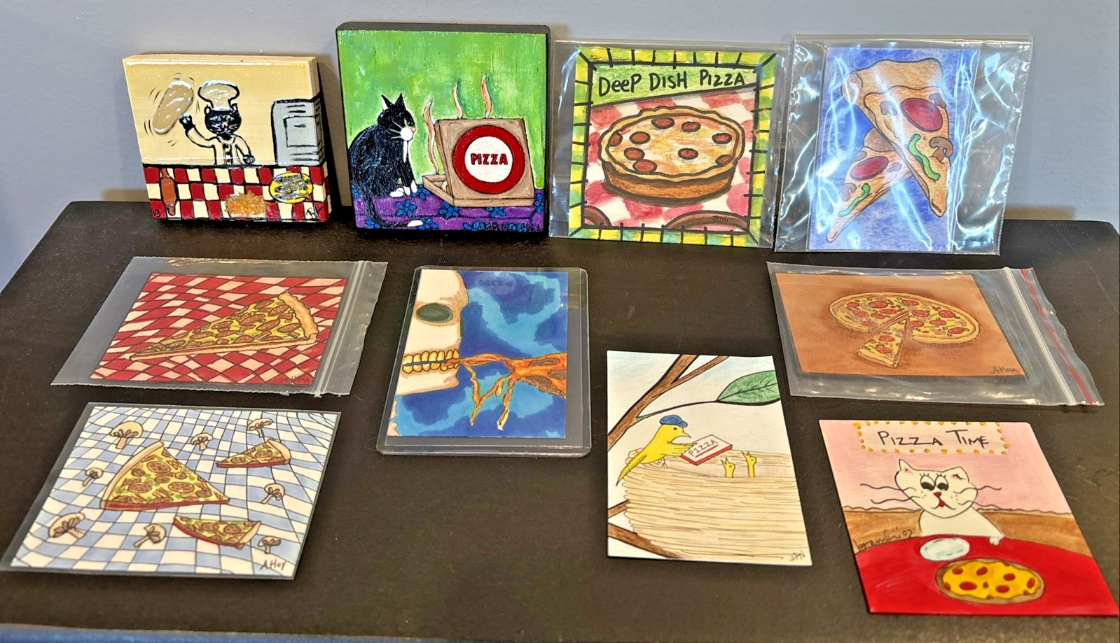 10 Mini Pizza Themed Artwork OOAK Cards 2 on Wood Pizza Slices Cats Fast Food