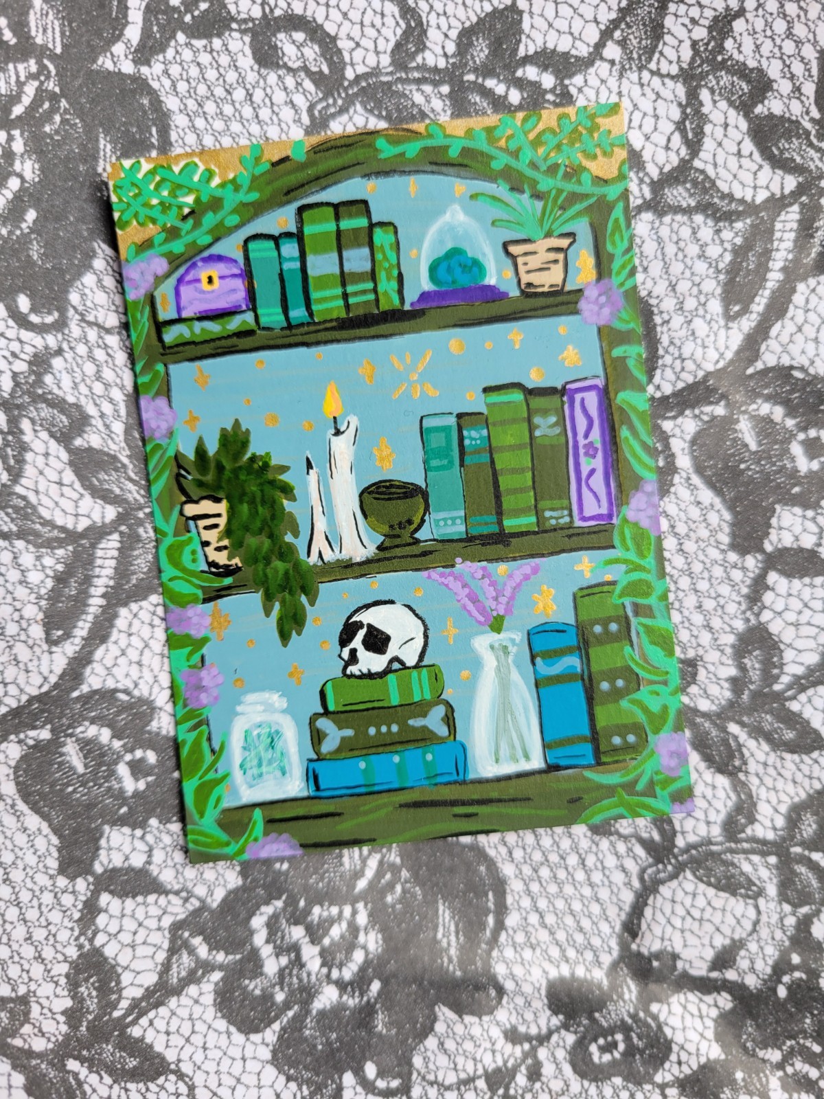 ACEO, WItchy Bookshelf, Original Art Card, Acrylic Marker Painting, by HDawn