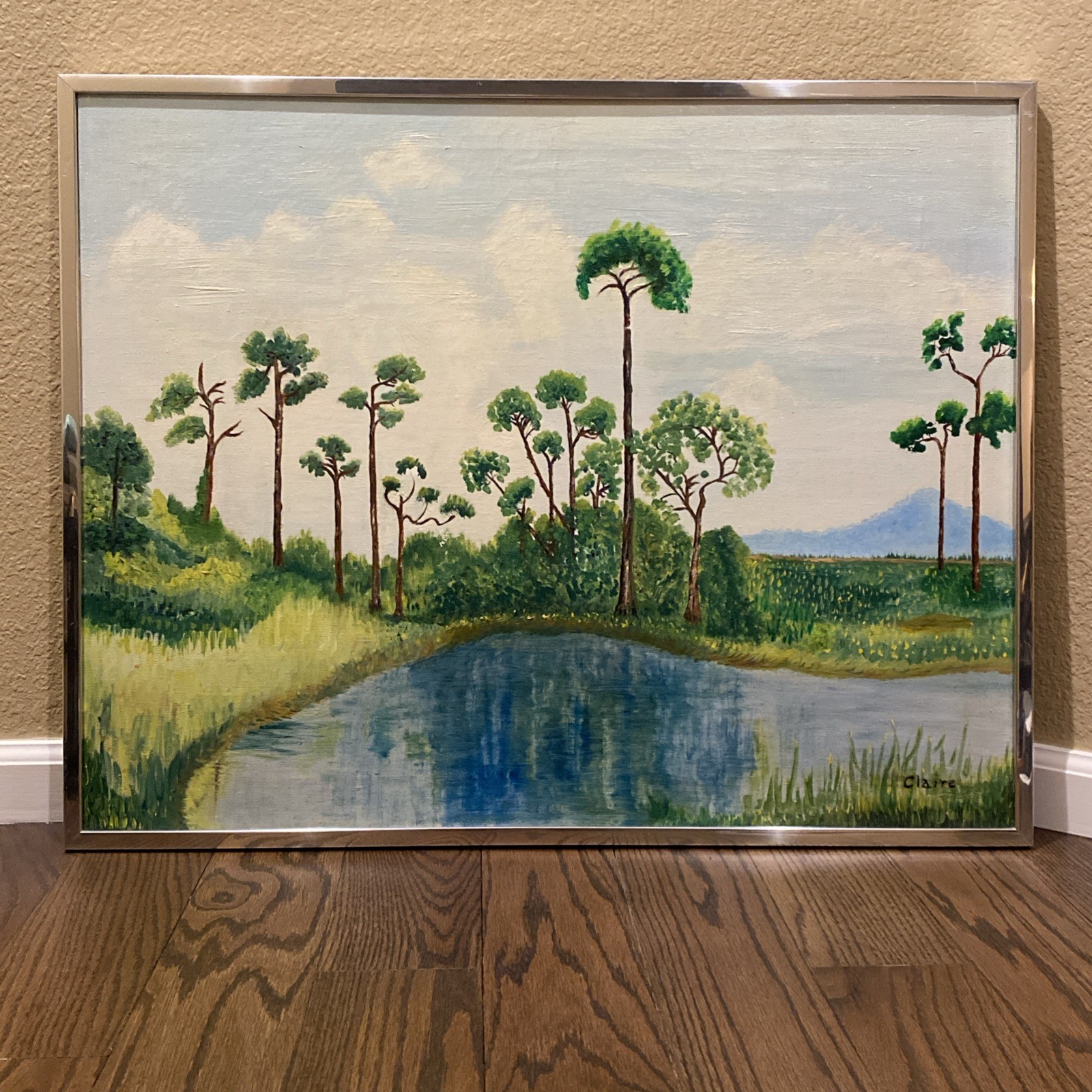 Painting Trees Water Signed by Claire Framed 29″ Wide x 23″ Tall