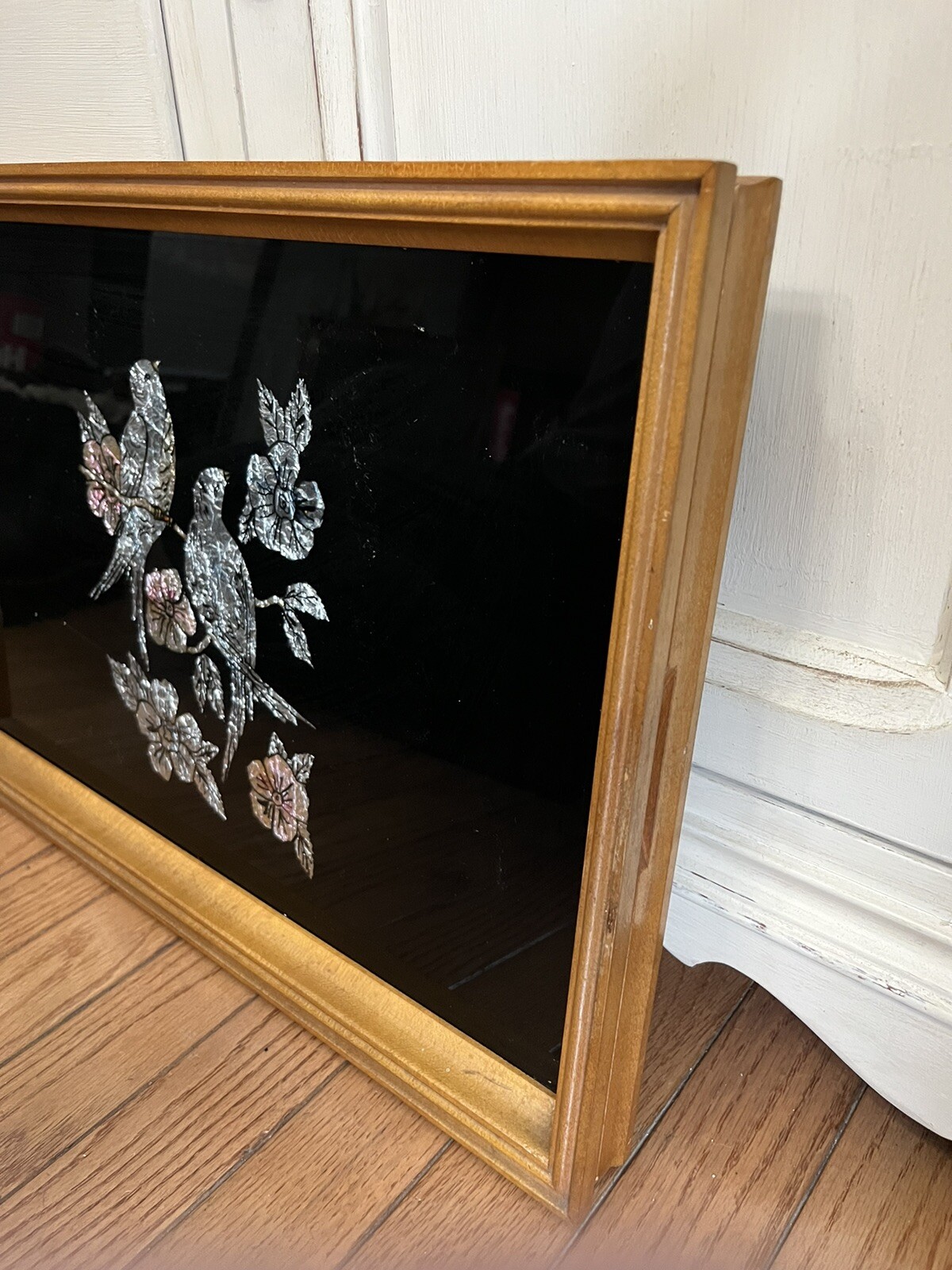 Vintage Birds & Cherry Blossoms Reverse Glass Tinsel Foils Metallic Wall Art