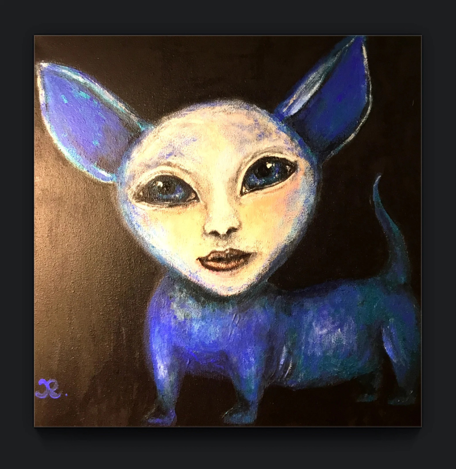 Fantasy Blue Puppy Friend – original acrylic painting on black canvas