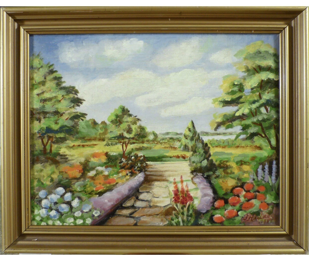 Happy Flowers Park Landscape Vintage Oil Painting