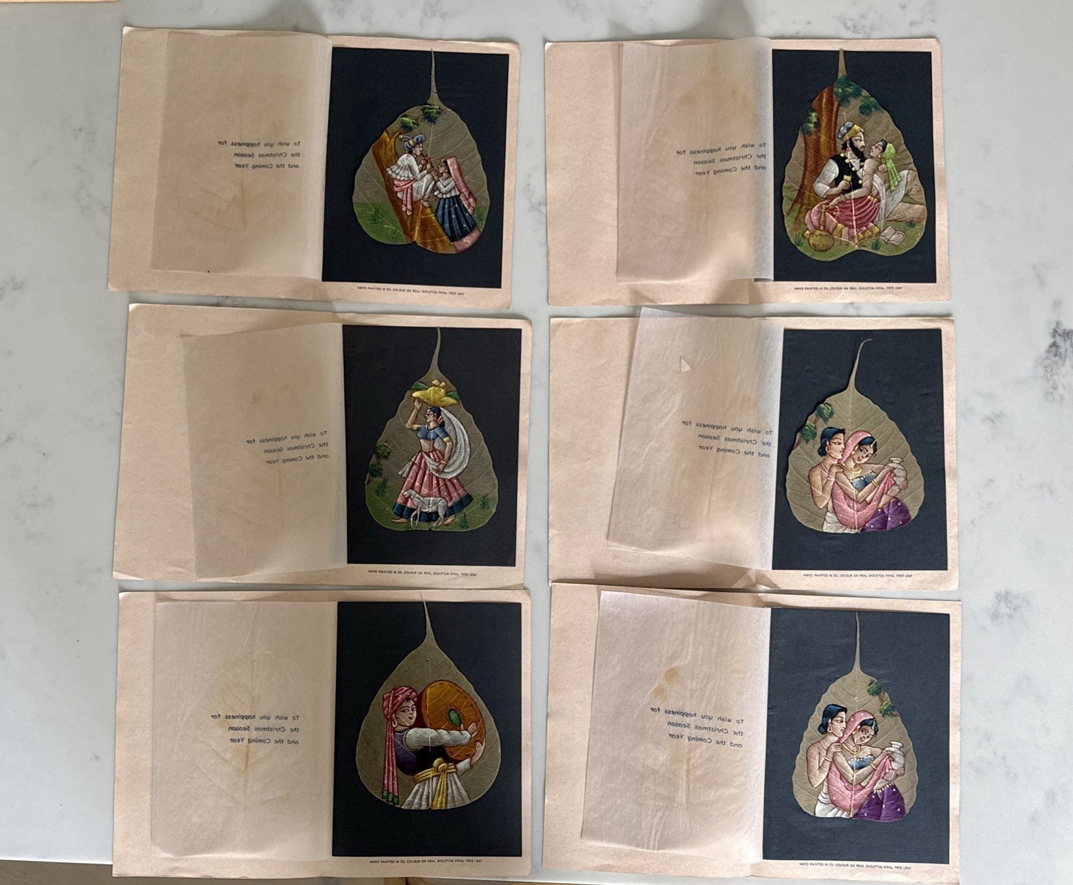 Lot Of 6 Vtg India Hand Painted Skeleton Pipal Leaf Art Greeting Cards Painting