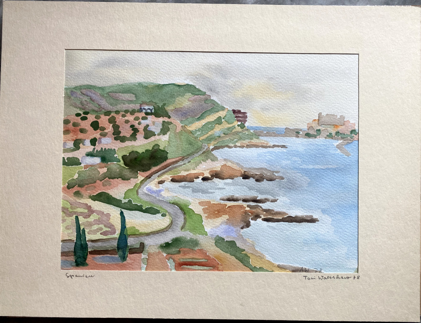 ::WATERCOLOUR SIGNED A.W 1978 SPAIN SHOREFRONT FORTRESS MEDITERRANEAN ANTIQUE MEDITERRANEAN SEA
