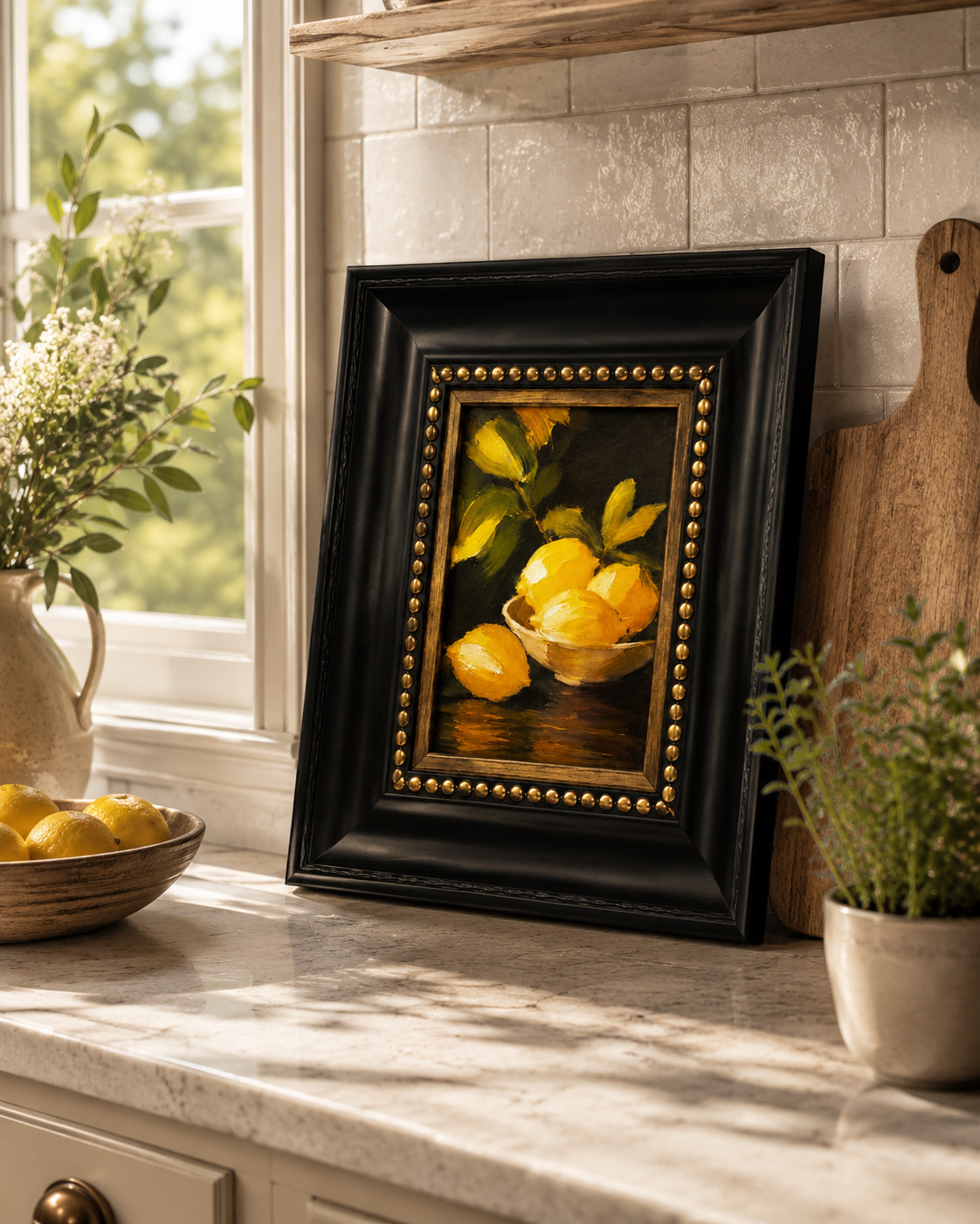 Lemon Still Life Impasto Textured Canvas Print Framed Black Gold Wall Art