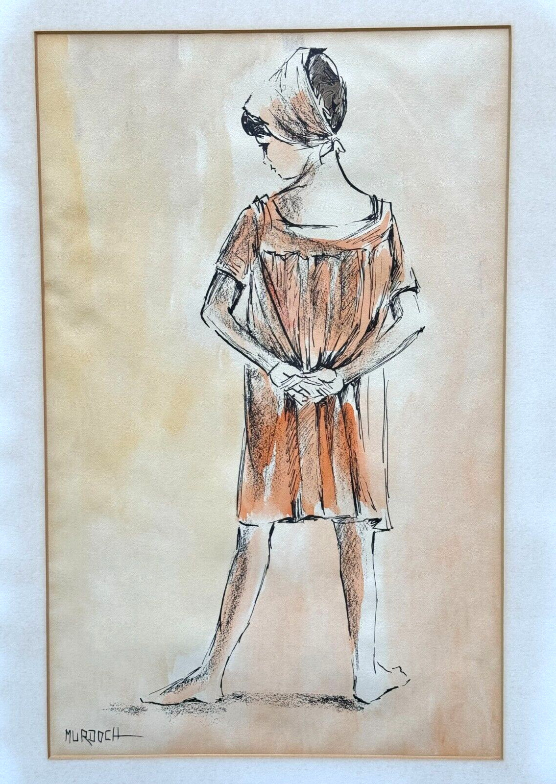 Murdoch Vintage Watercolor Painting Girl in Peach Dress Old Vintage Original