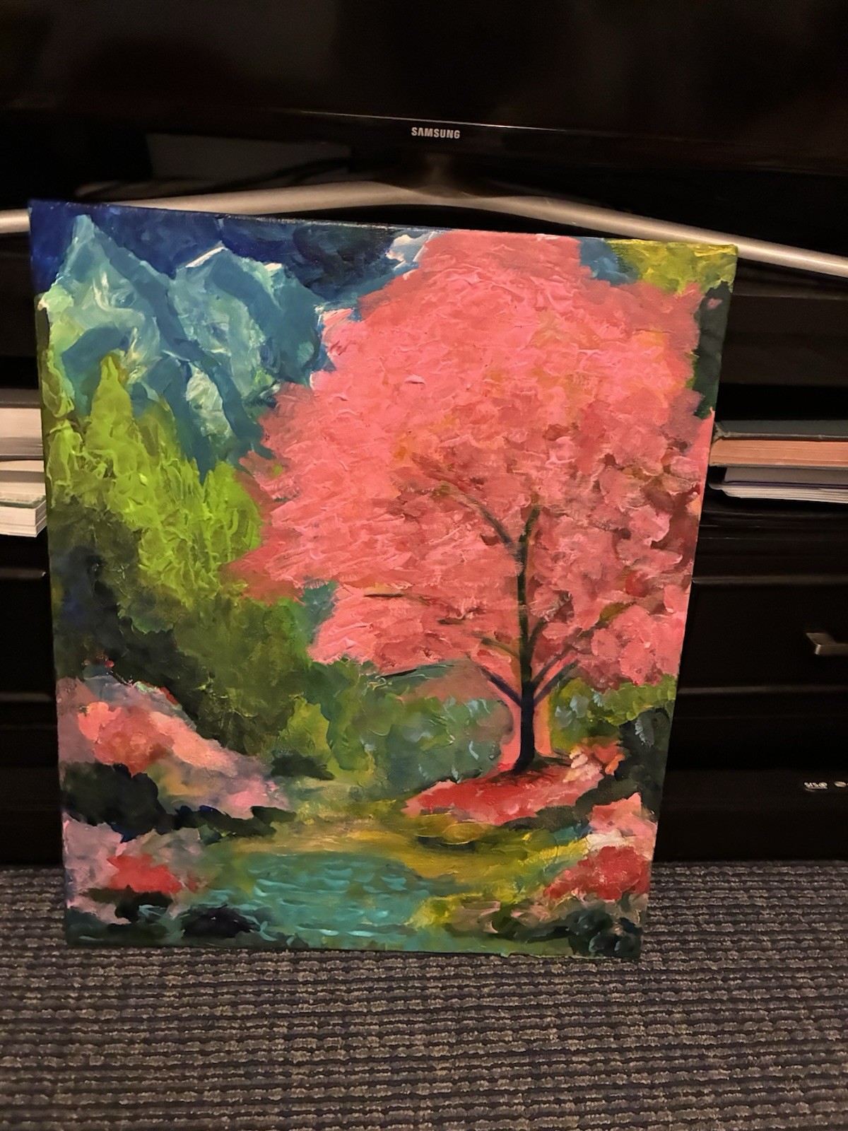 Impressionist Pink Tree Landscape Acrylic Painting Original Artwork On Canvas