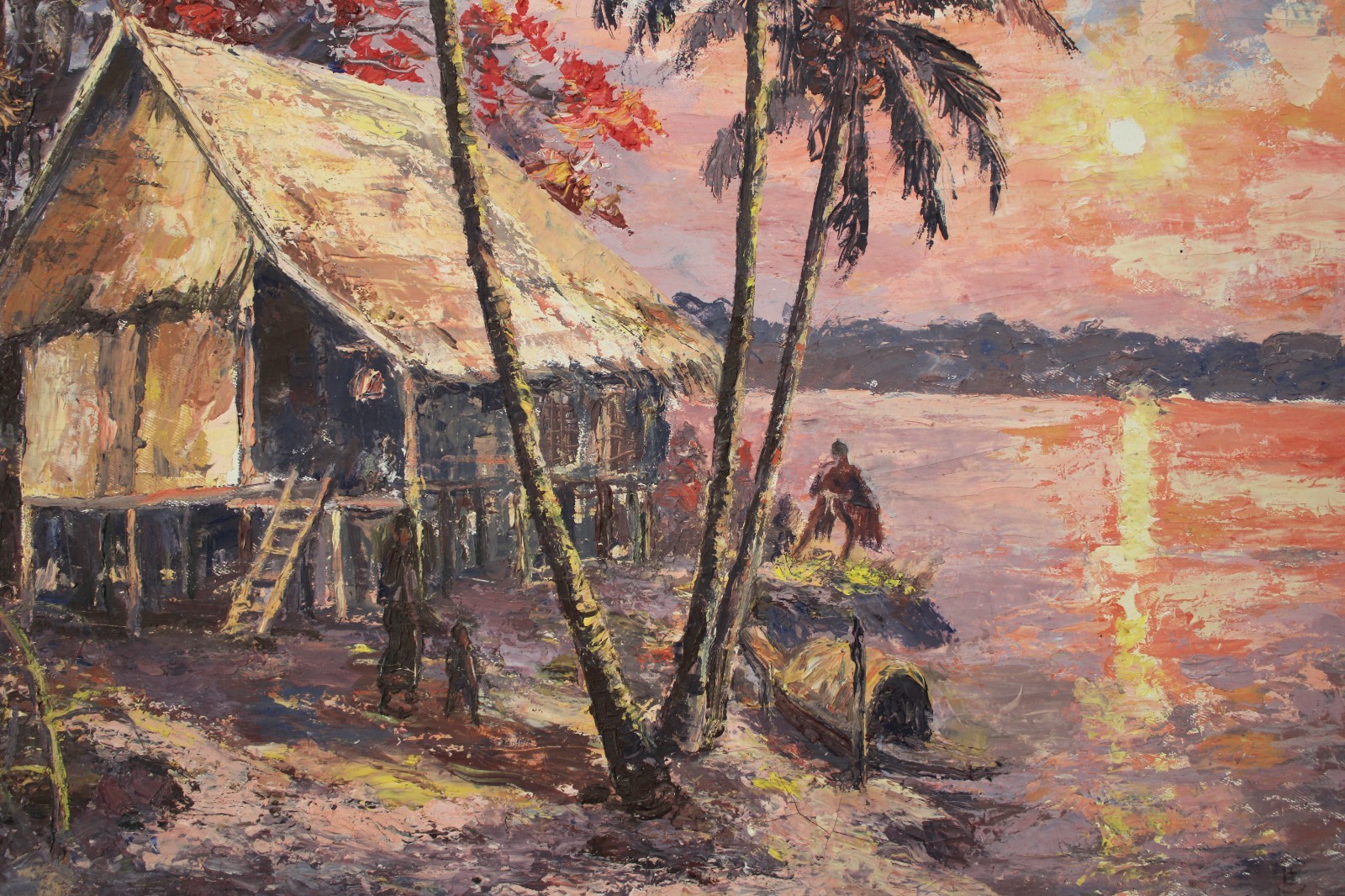 Chamnane Prisayne Oil on Canvas, Mekong River, c. 1971 Mid century, Vietnam