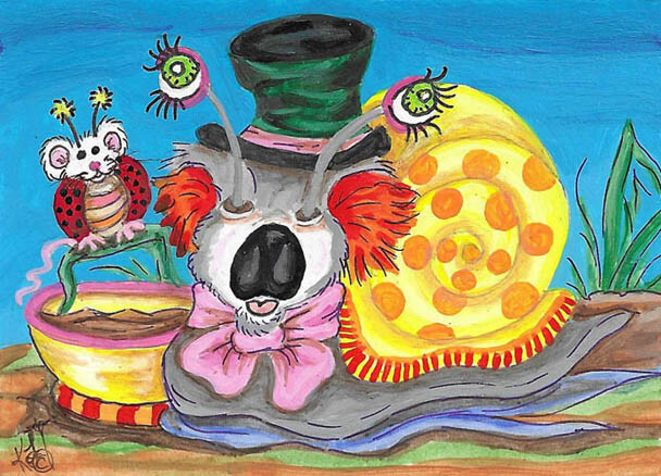 Mad hatter Koala bear snail Mouse Lady Bug ACEO mini Loberg original fantasy art