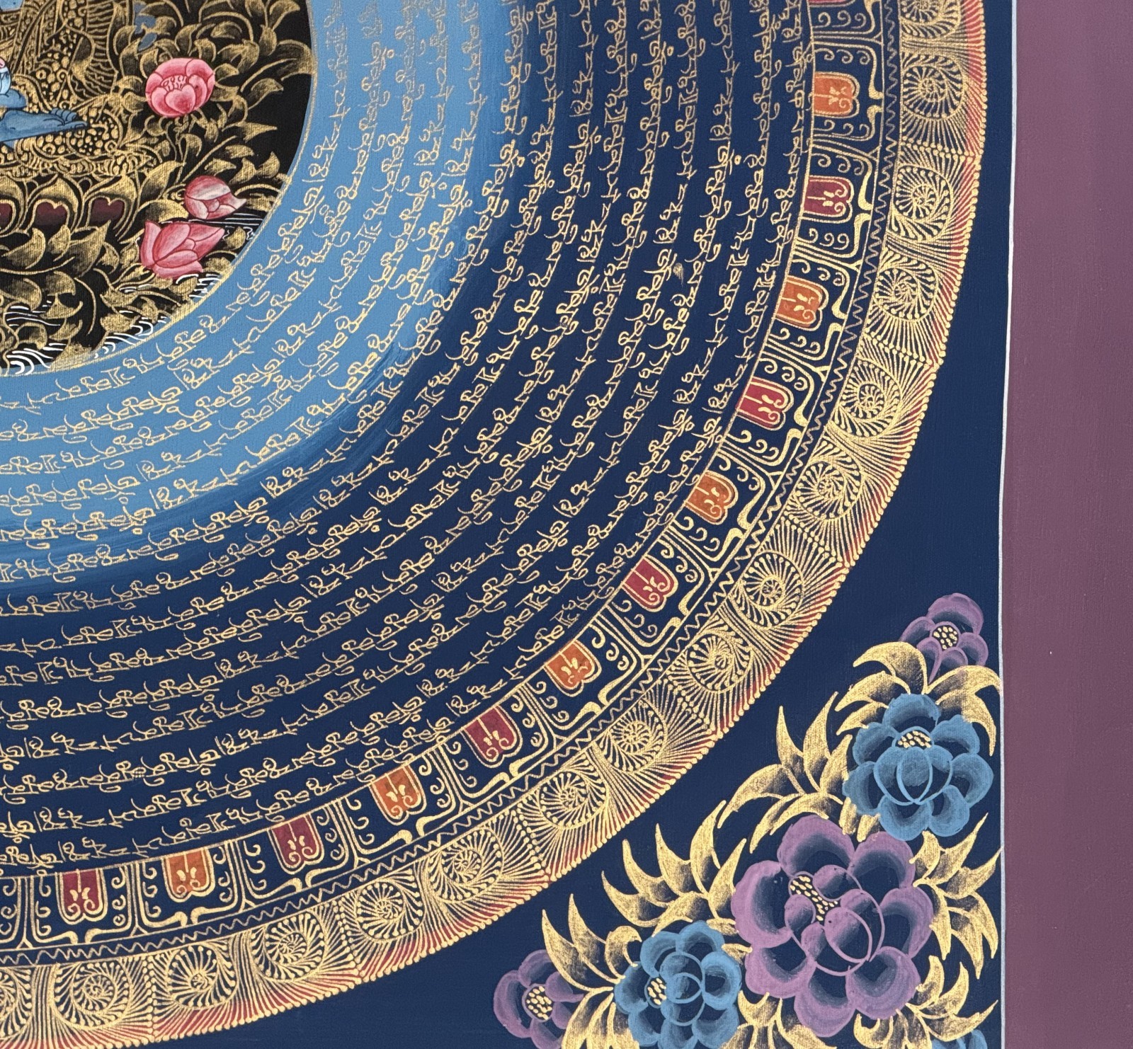 MEDICINE BUDDHA MANDALA ORIGINAL BLACK AND GOLD TIBETAN THANGKA PAINTING