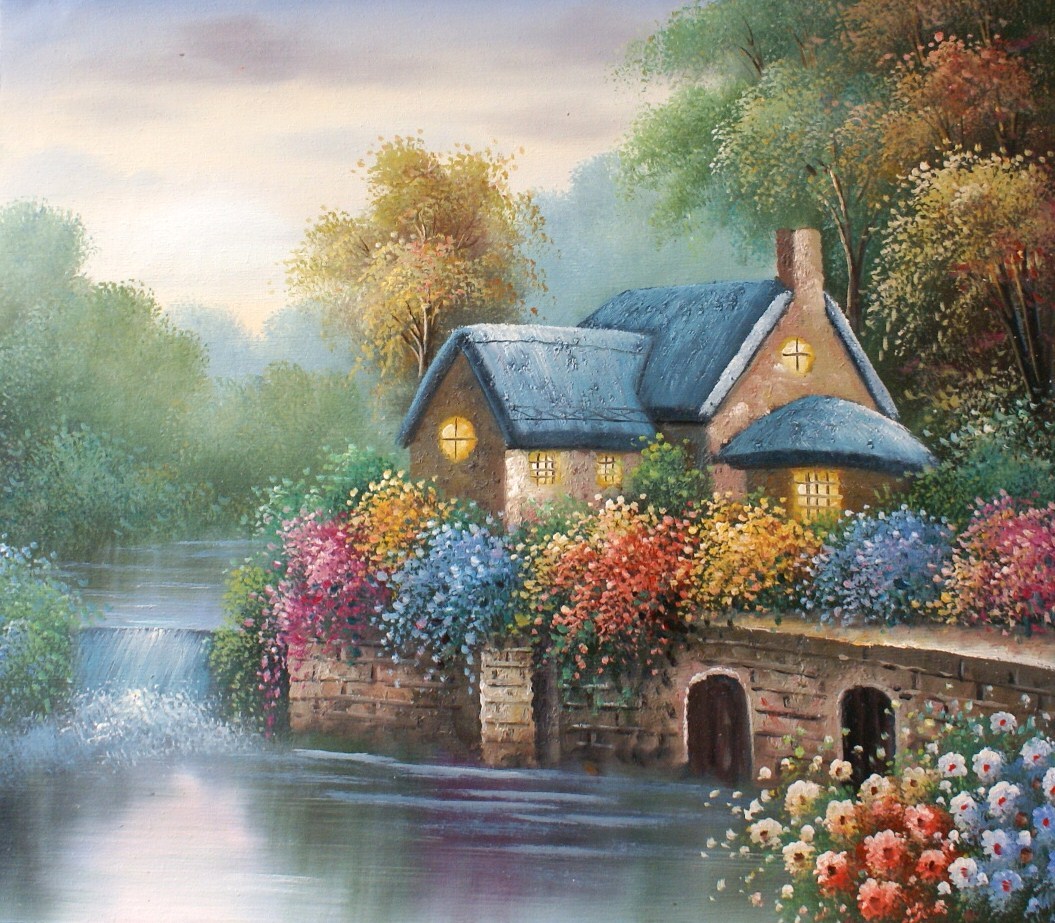 English Cottage on the River 20 x 24 original oil painting on canvas