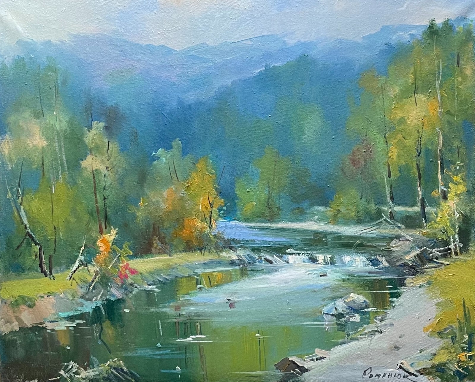 Oil painting Little river Ukrainian painter Canvas Framed original landscape art
