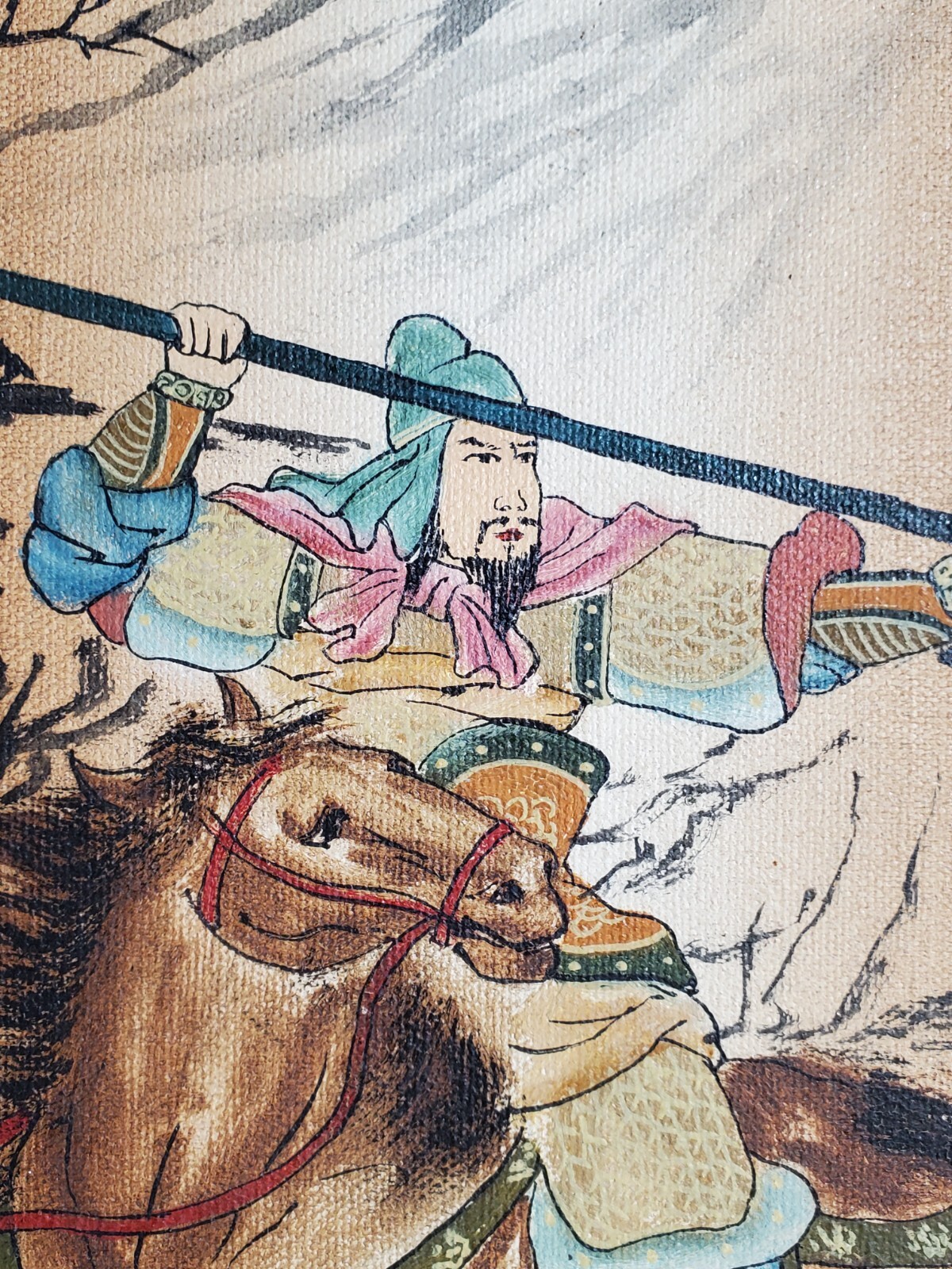2 Vintage to Antique East Asian Calligraphy Paintings of Warriors Horseback