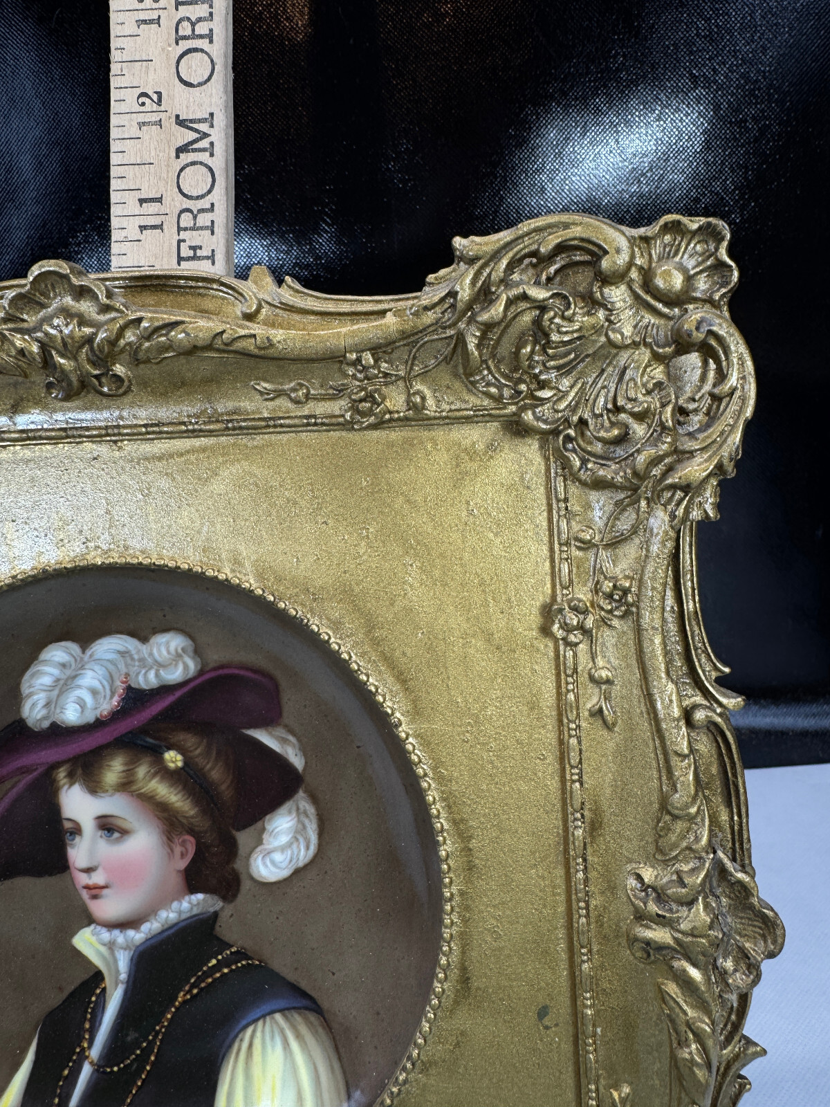 Hand Painted Porcelain Portrait Plaque in Ornate Gold Wood Frame
