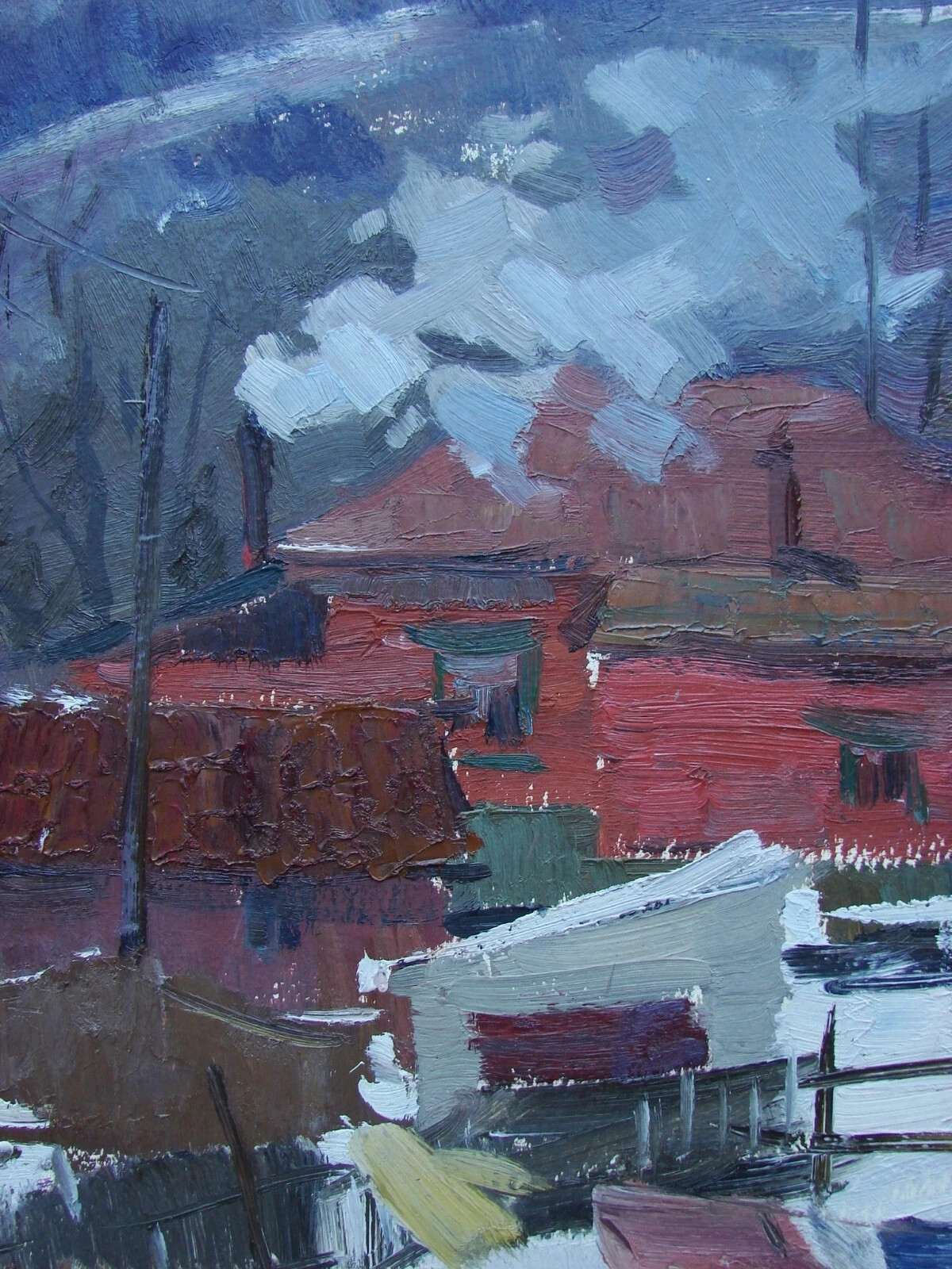 Ukrainian Soviet two Oil Paintings impressionism landscape house rider winter