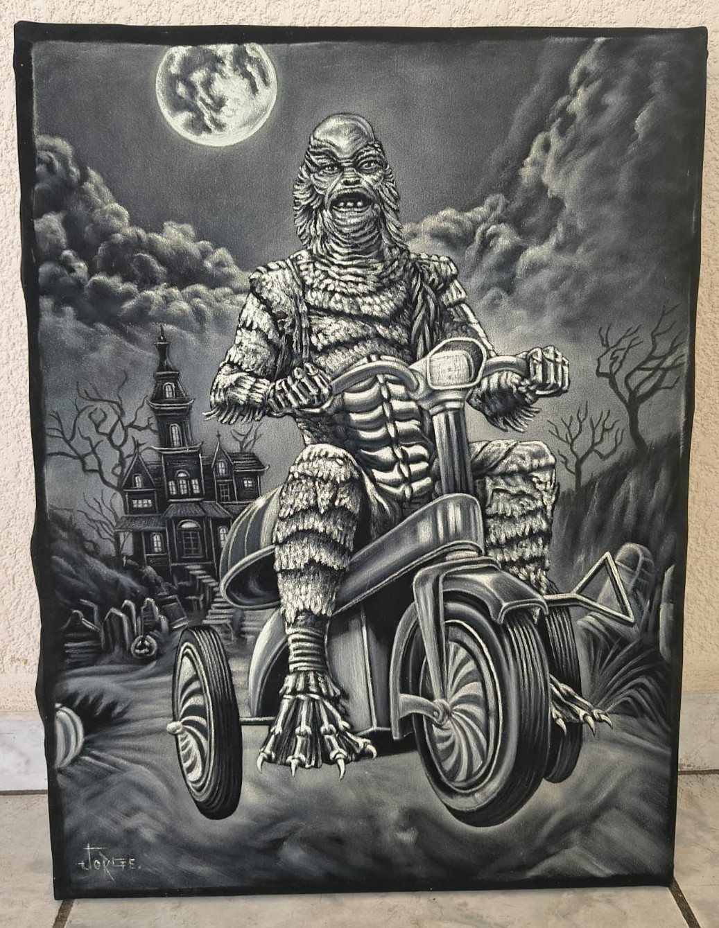 Creature from The Black Lagoon Bizarre Monster Black Velvet Painting Fine Art