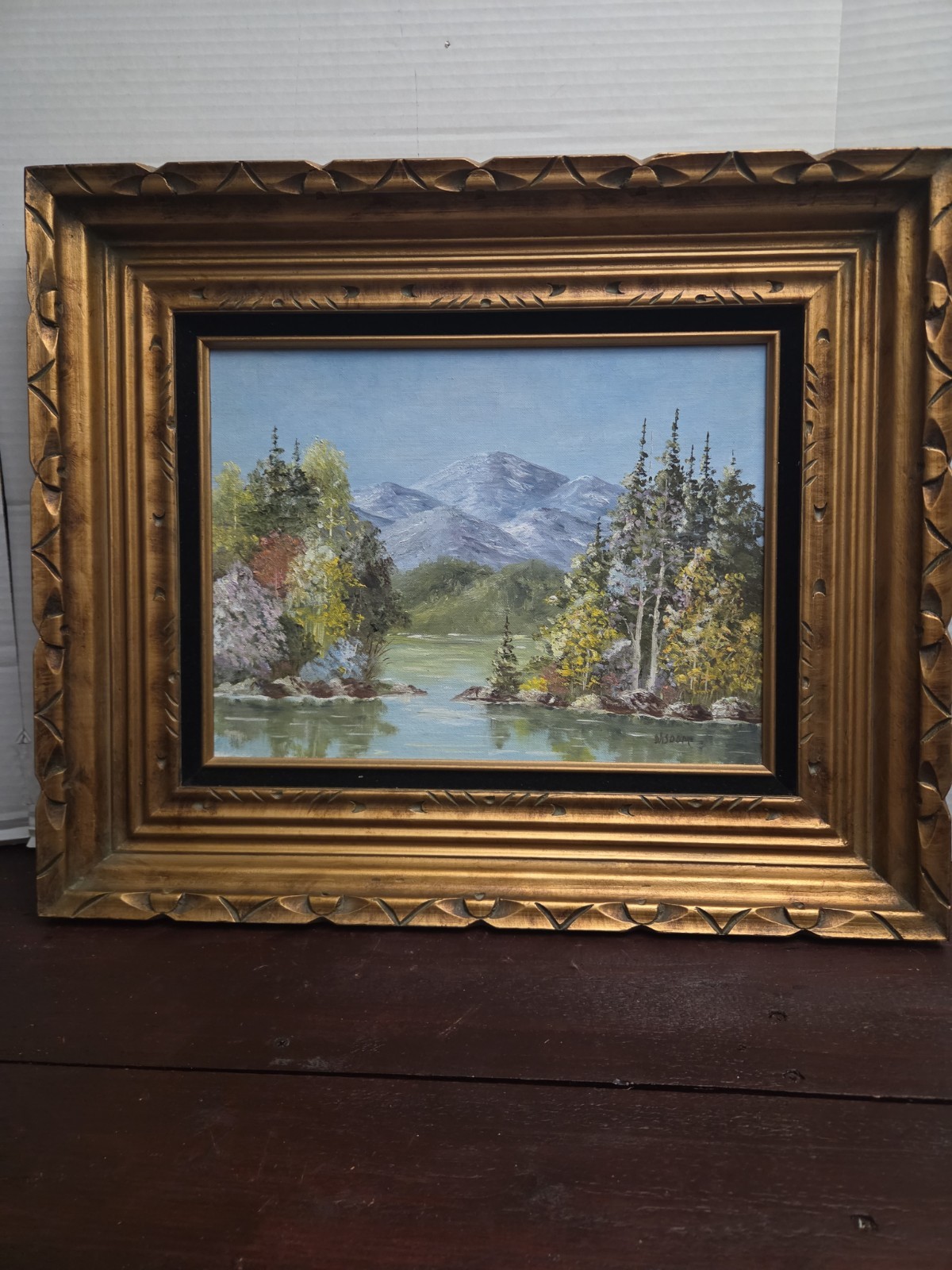 Vintage Oil Painting Of Forest & Mountain On All Wood Frame Signed NICE