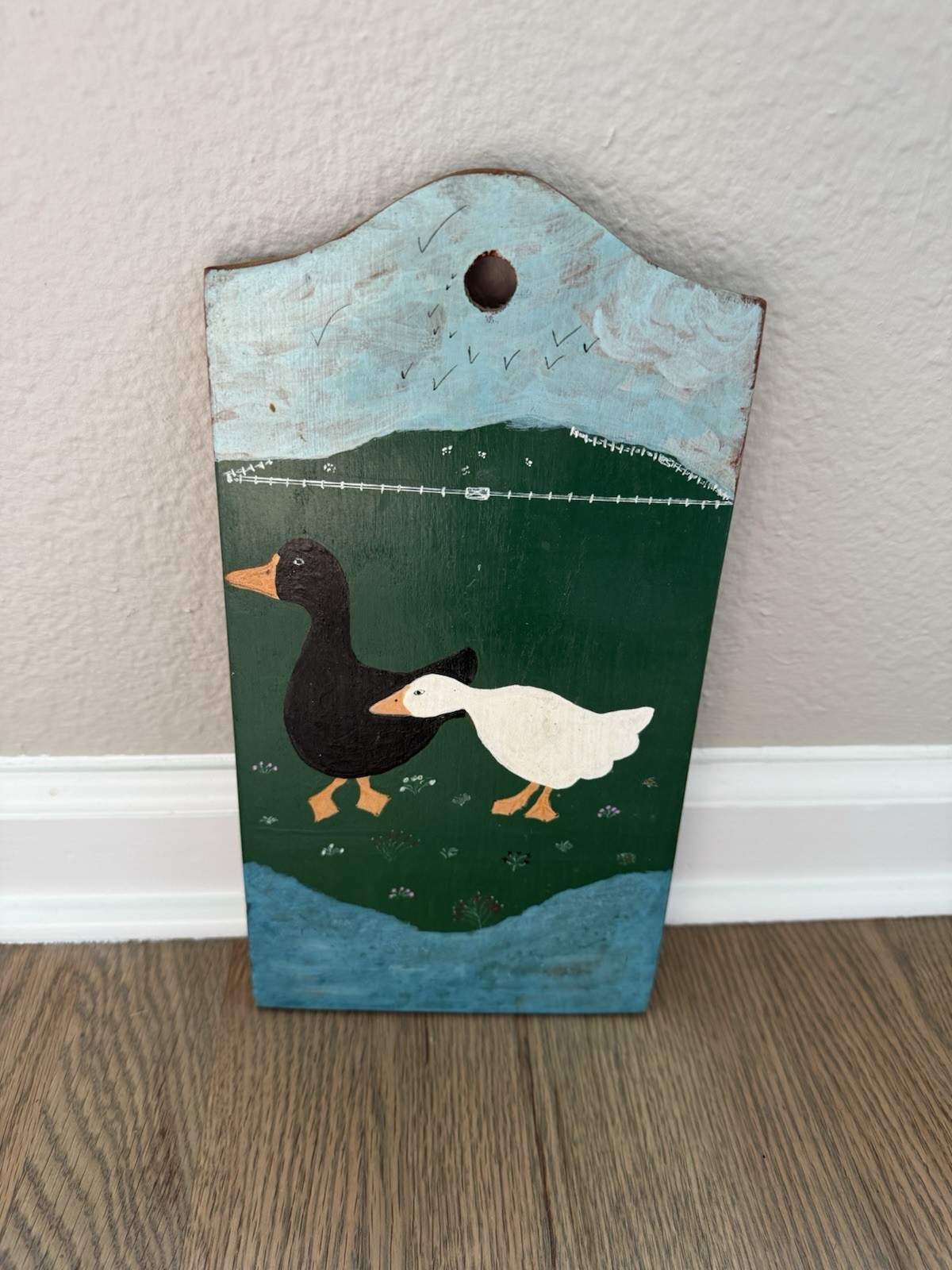 Vintage Handpainted Black White Geese Painting Wood Art Wall Farmhouse Decor