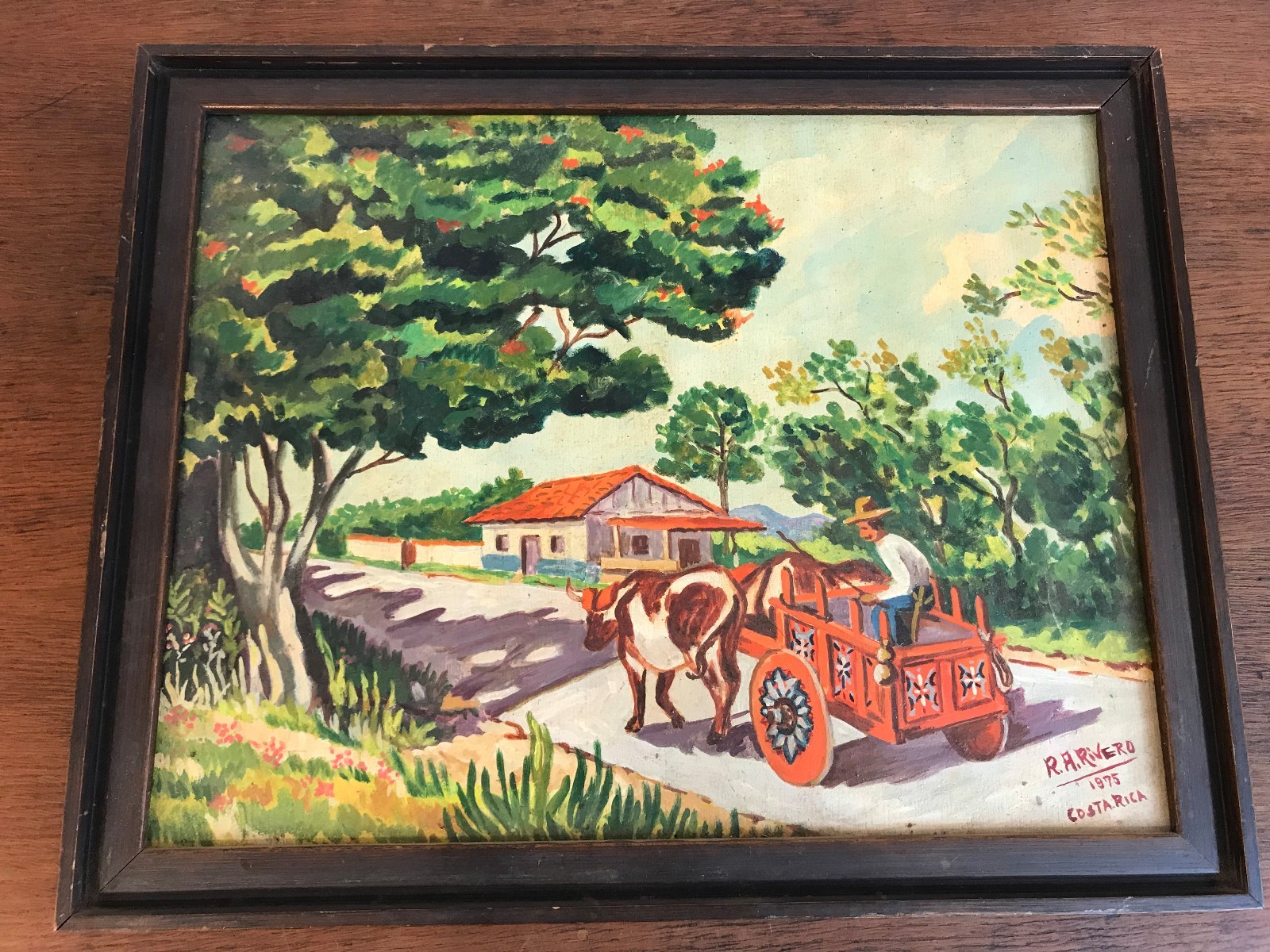 1975 Original Art Painting Bulls & Wagon Signed by R. A. Rivero (13.5″ X 16.5″)