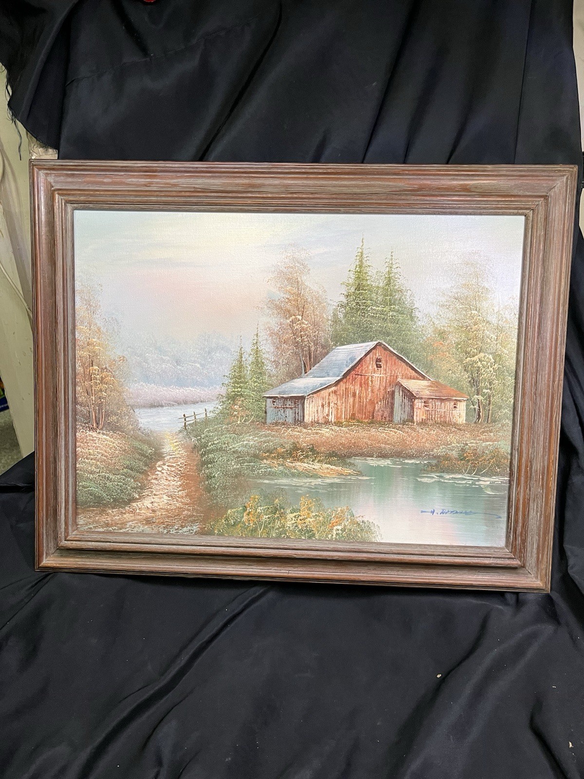 VINTAGE ORGINAL OIL ON CANVIS RUSTIC BARN ON WATER SCENE FRAMED 12 X 16” SIGNED