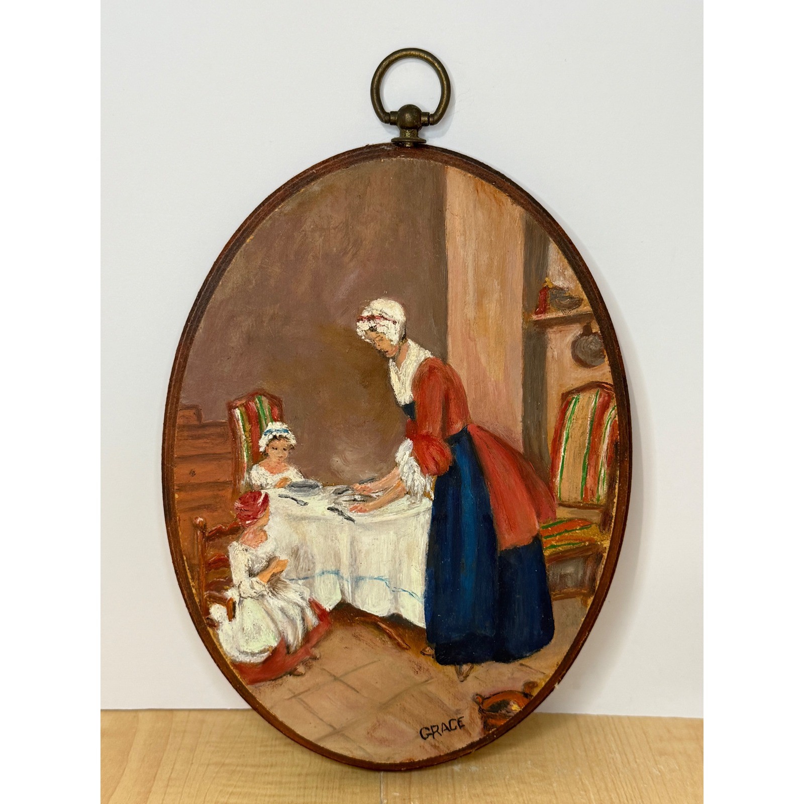 Grace Carroll Original Oil Painting Oval Wood Panel Colonial Domestic Scene
