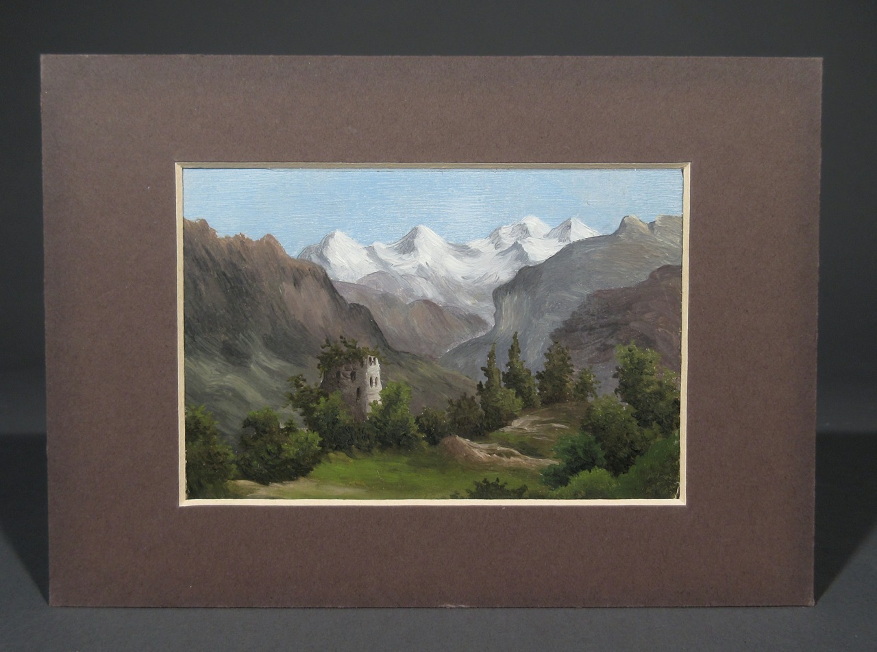 Antique German Romanticism Landscape, Ruins of a Castle in the Alps, Gouache