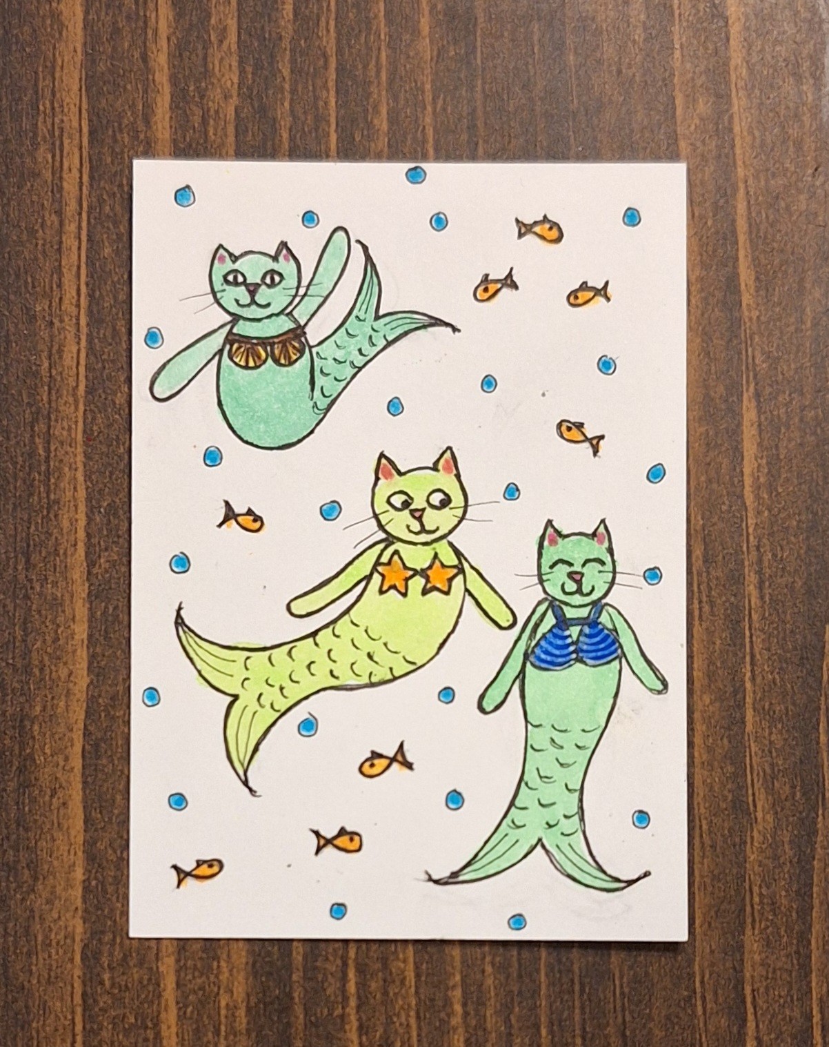 ACEO Original Mermaid Kittens Cartoon Watercolor Painting by Sandrajean Smith