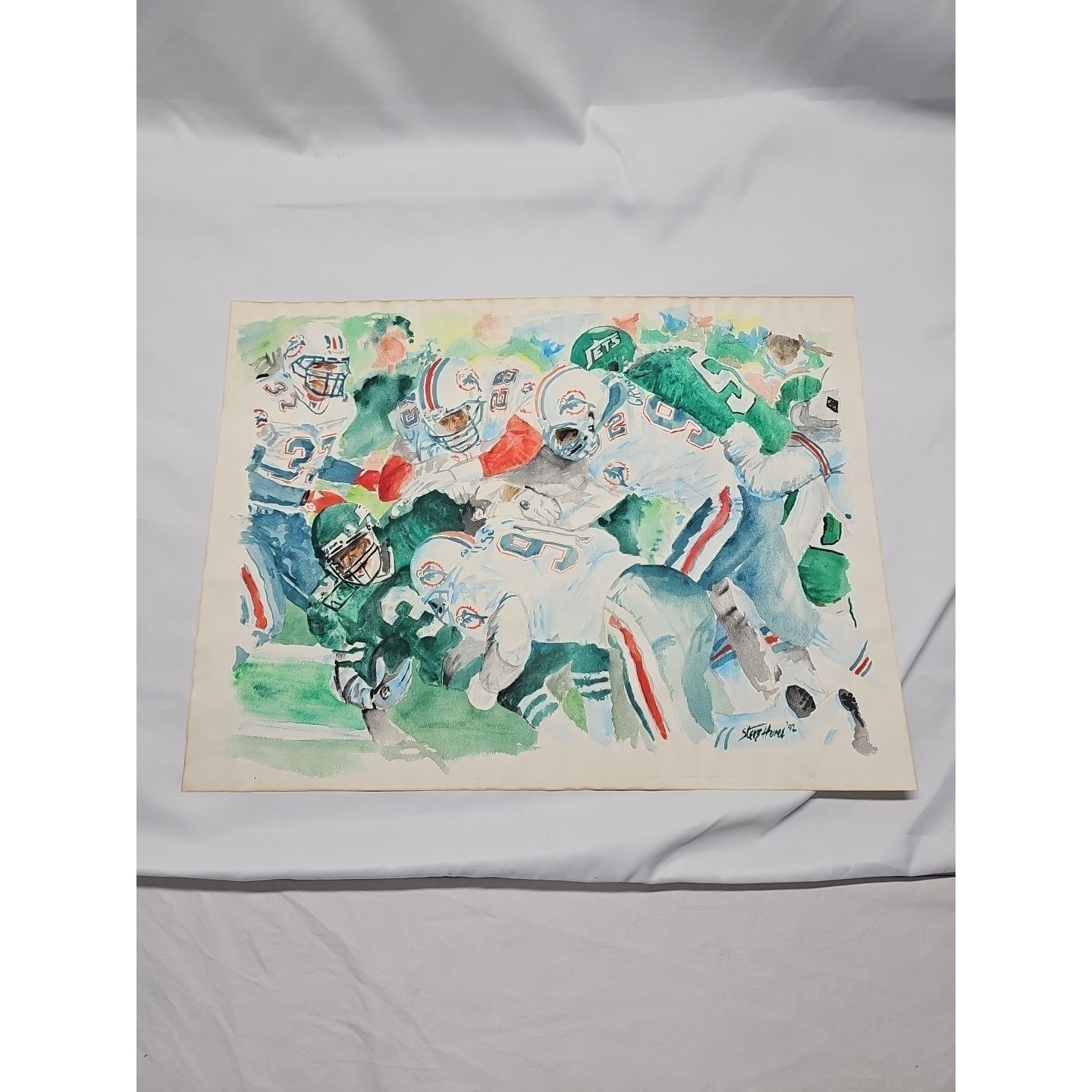 1992 Miami Dolphins NY Jets Signed Watercolor NFL Sports Art 18×23