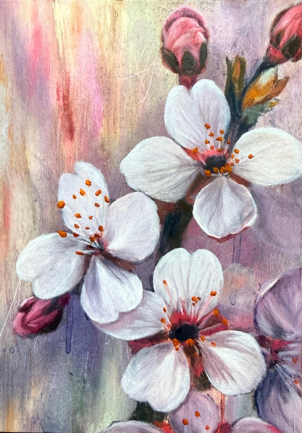 Flowers Dogwood Original Oil and Mixed Media Painting on Paper 7″x5″ Home Decor