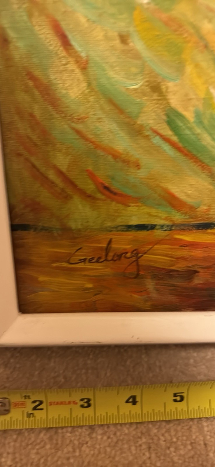 Vase with irises against a yellow backdrop – Original Oil Painting By Geelong