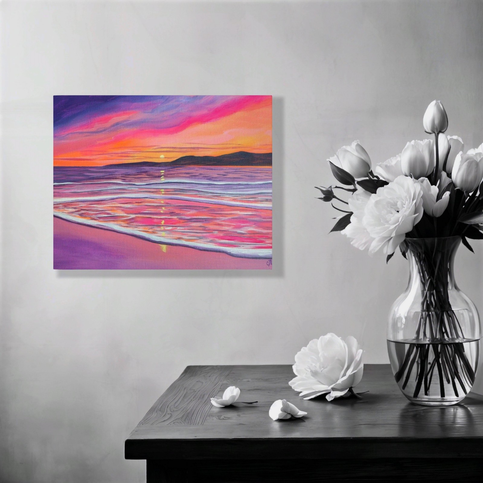 Beach Sunset. Original Painting On Canvas. Coastline Landscape. Ocean Seascape