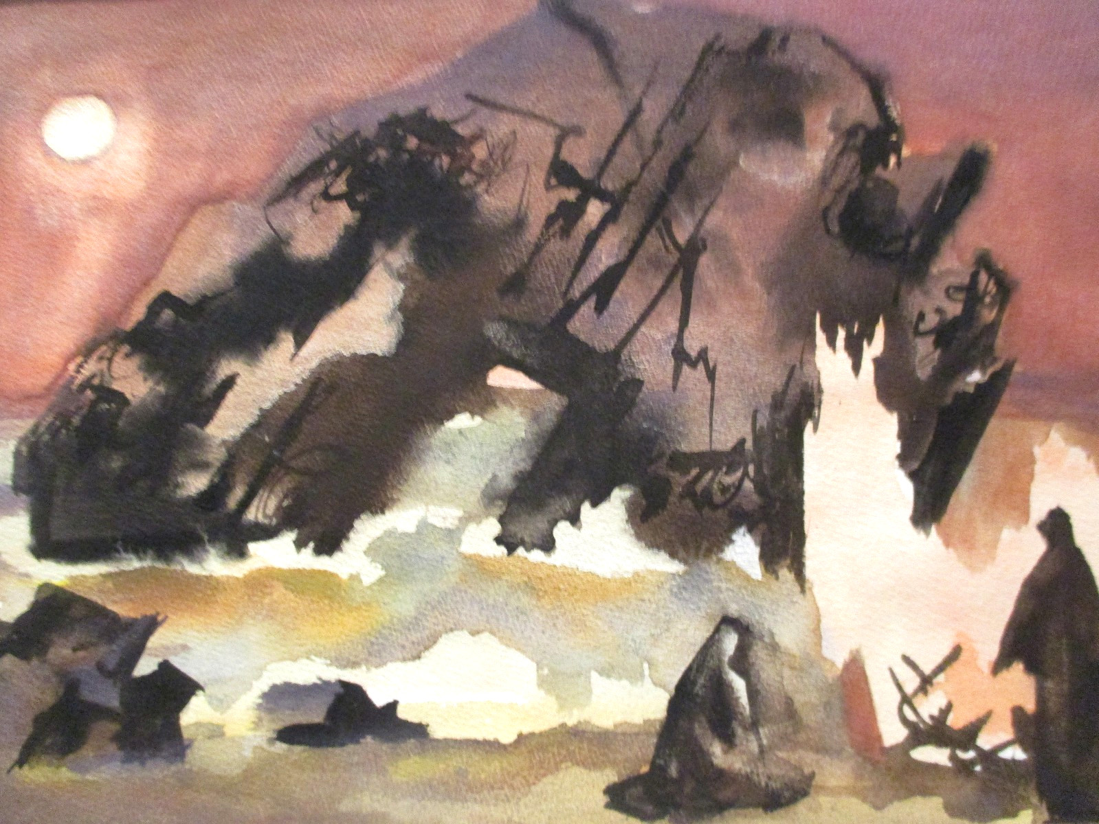 VTG MCM Gouache Painting Andre Delfau French Modernist Abstract Surreal Seascape