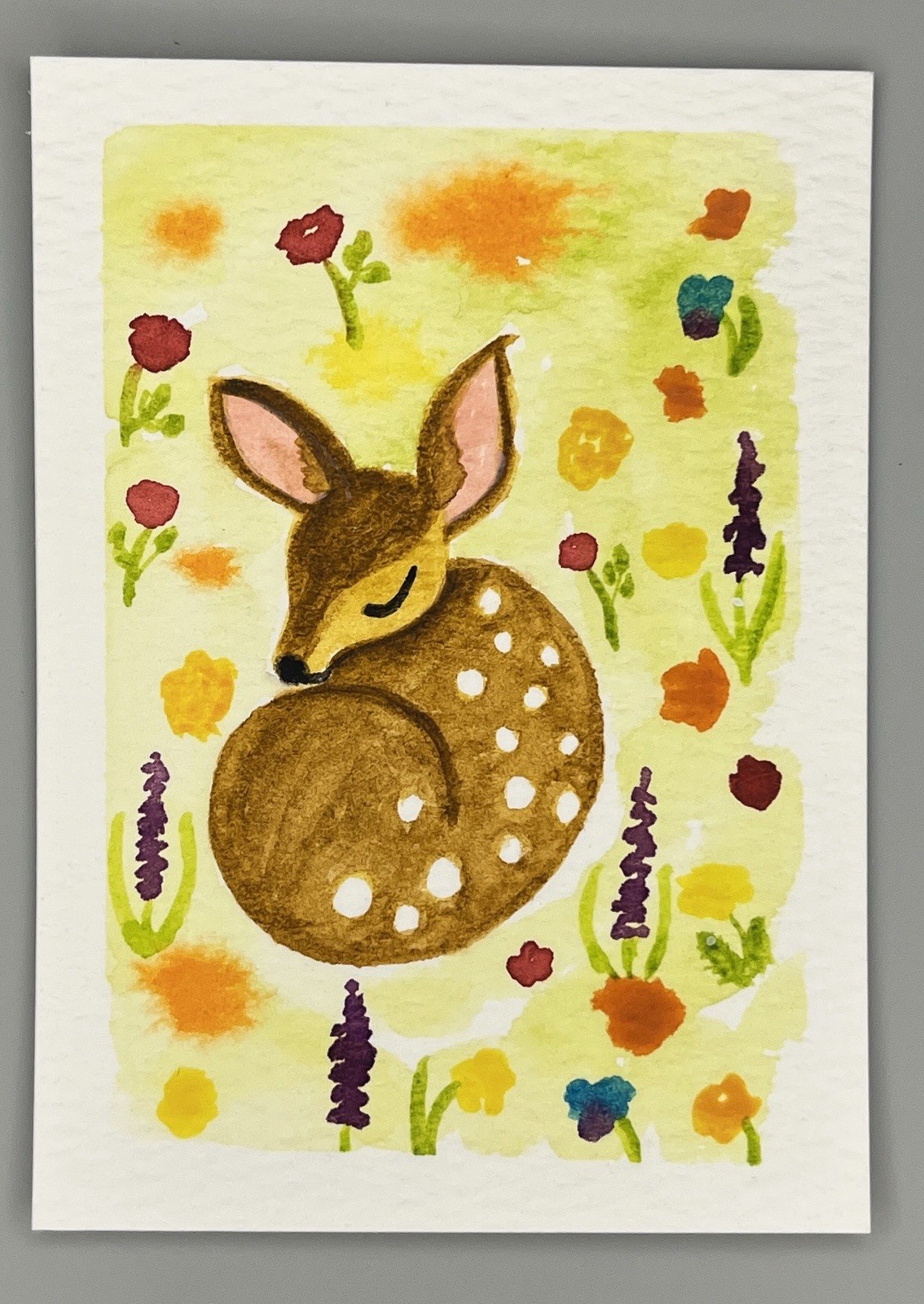 ACEO Original Art – Fawn Sleeping in Flower Meadow – 3 of 3 2.5”x3.5” CCCArt_MJ