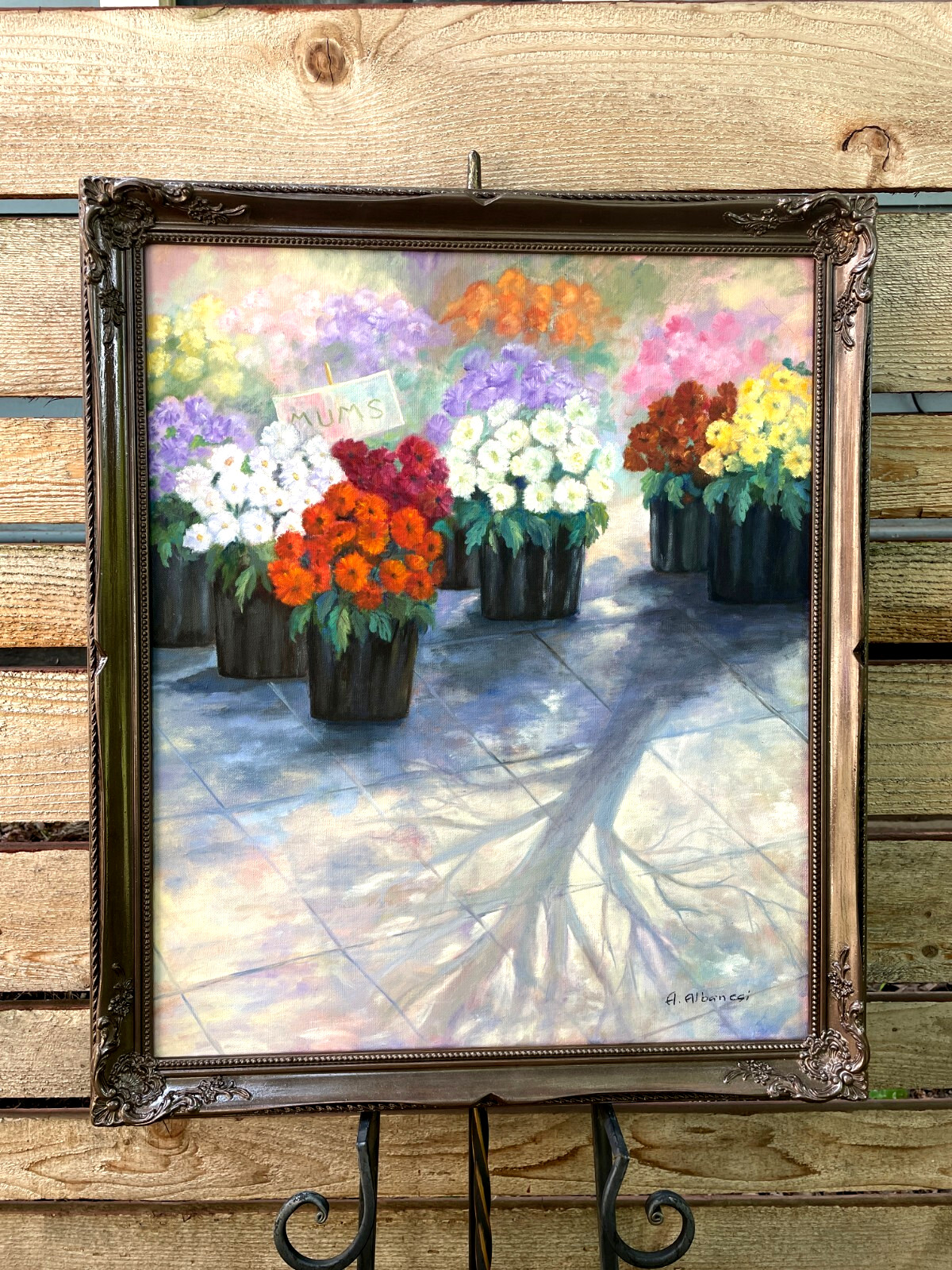 MUMS MULTI-COLOR, ORIGINAL FLORAL PTG. By: A. Albancgi, Signed-Framed-BEAUTIFUL