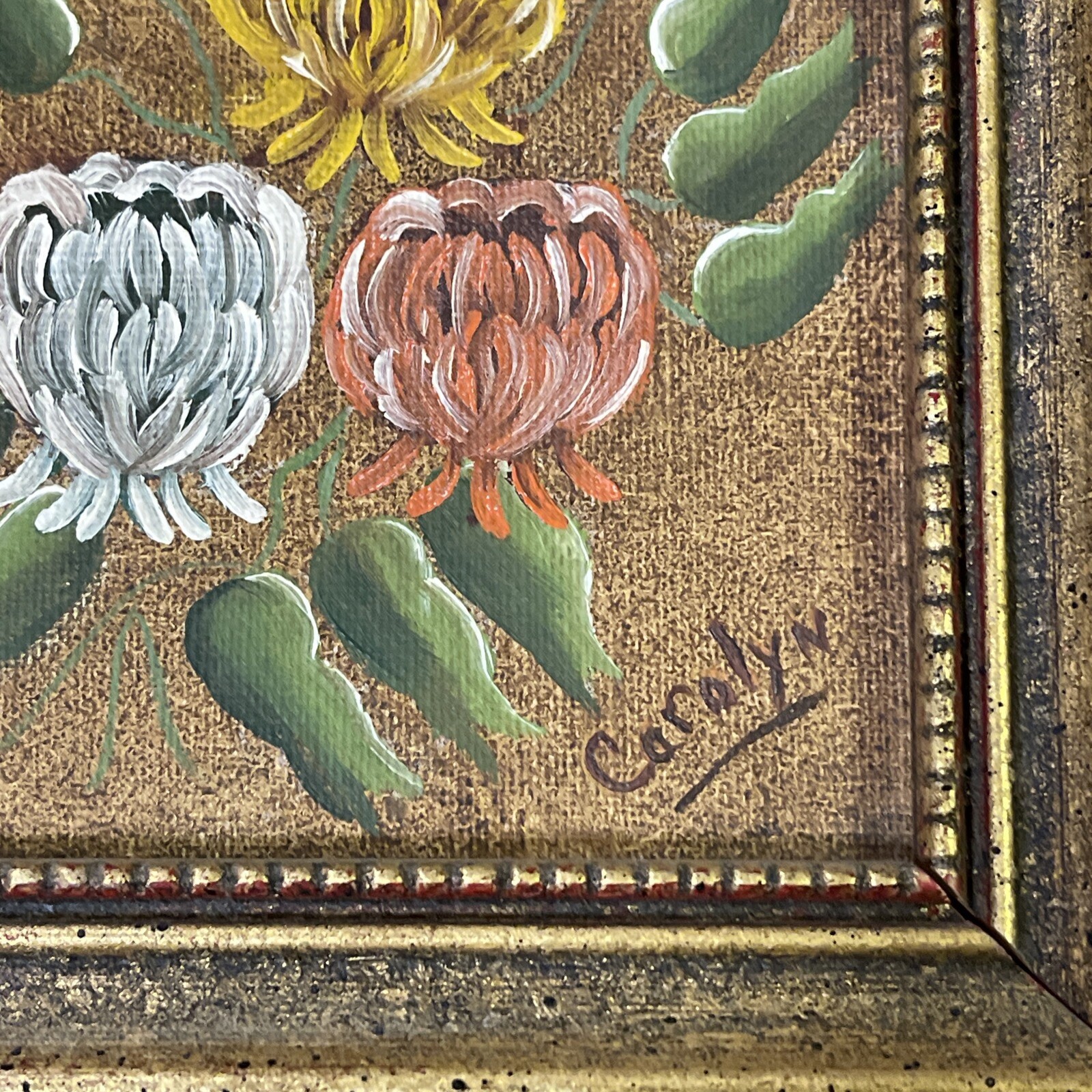 Small Flower Painting Framed Signed Acrylic ? Thistles 4.75X6” Folk art