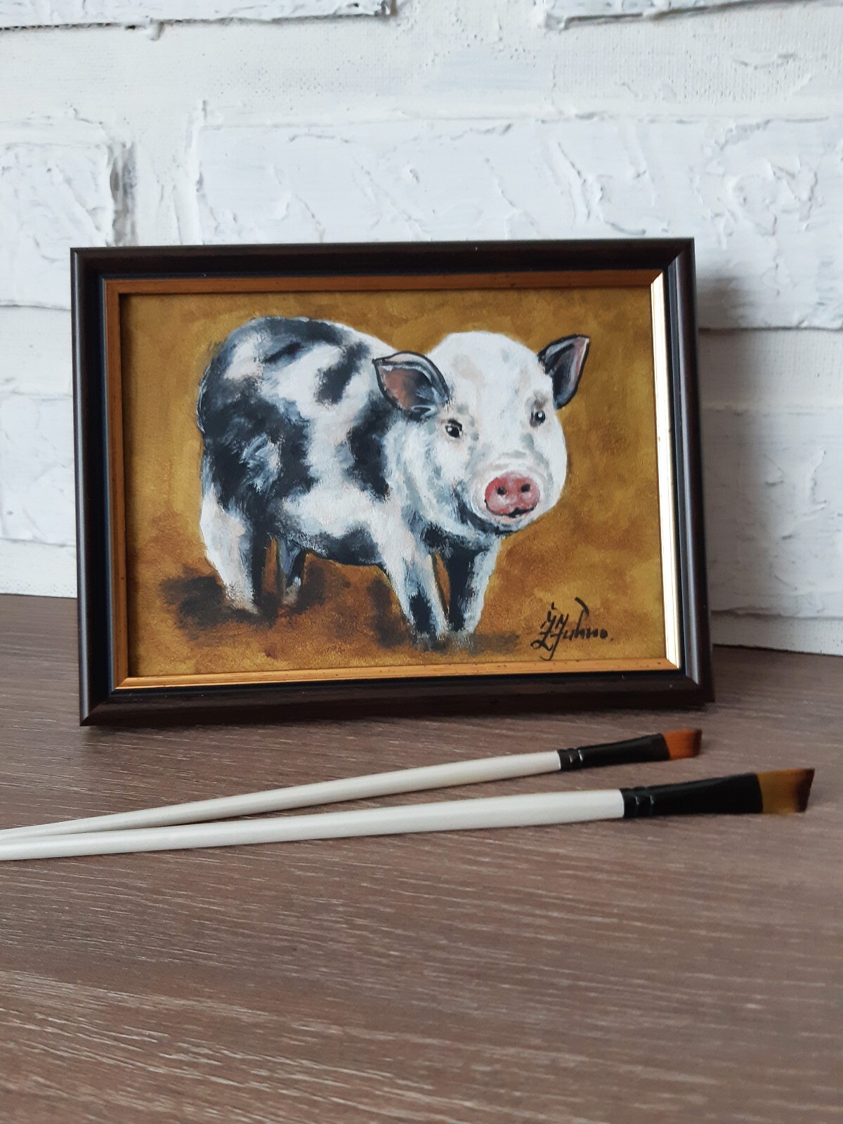 Pig Original Oil Painting Pet Art Farmhouse Painting Framed 7 x 5 in Animal Art