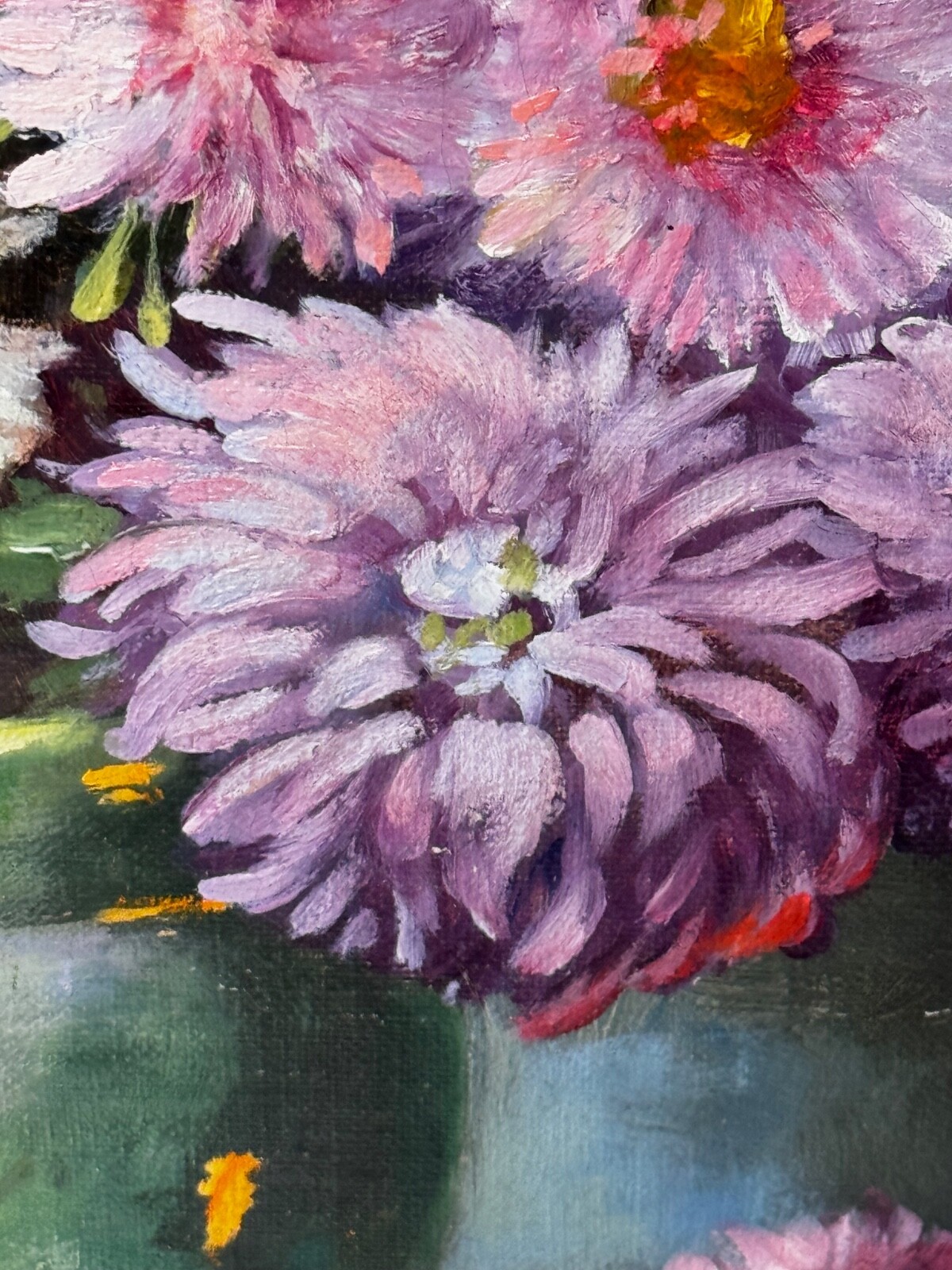 Victorian Still Life Oil Painting Flowers Chrysanthemums In Vase Emily Selinger