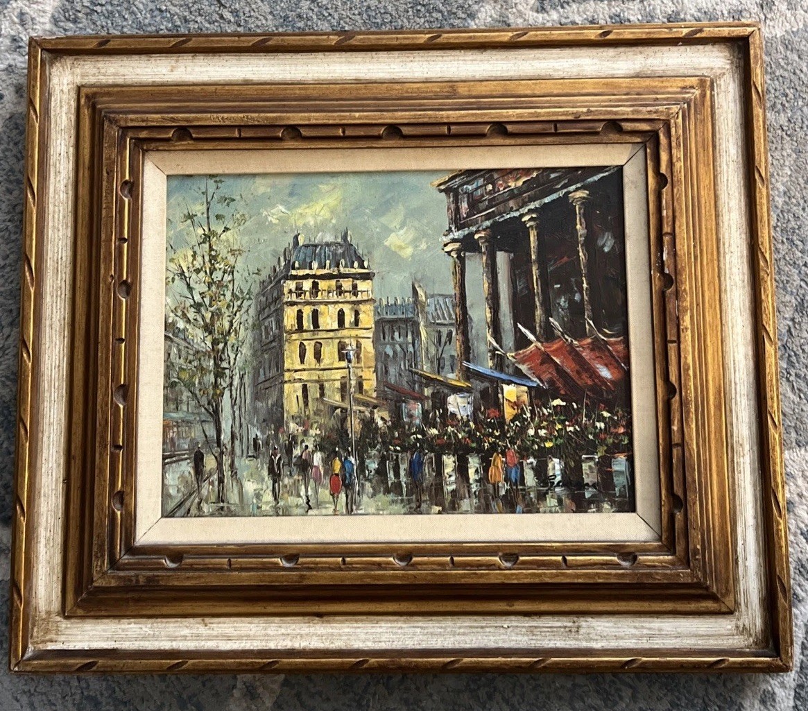 Vintage Paris Oil Painting La Madeleine Flower Market Street Scene 21×25