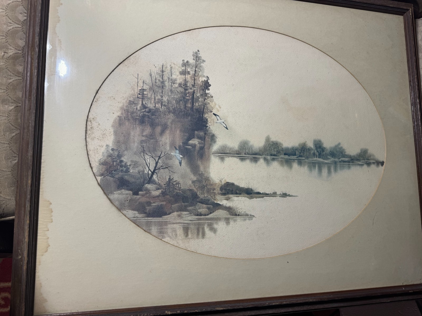 Large Vintage «Birds Over Lake Landscape Scene» Watercolor Painting – Framed