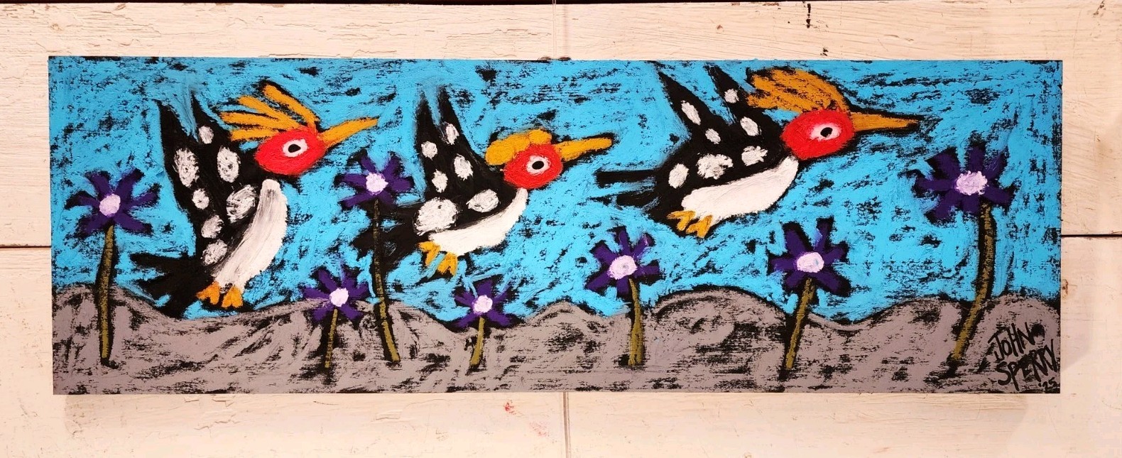 John Sperry Outsider Southern Primitive bird Folk Art Woodpeckers Painting Birds