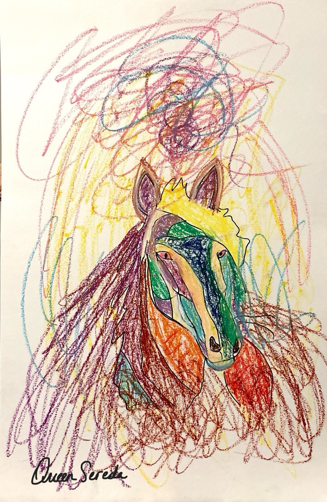 original painting fantasy oil pastel animal horse 9X12 art home interior design