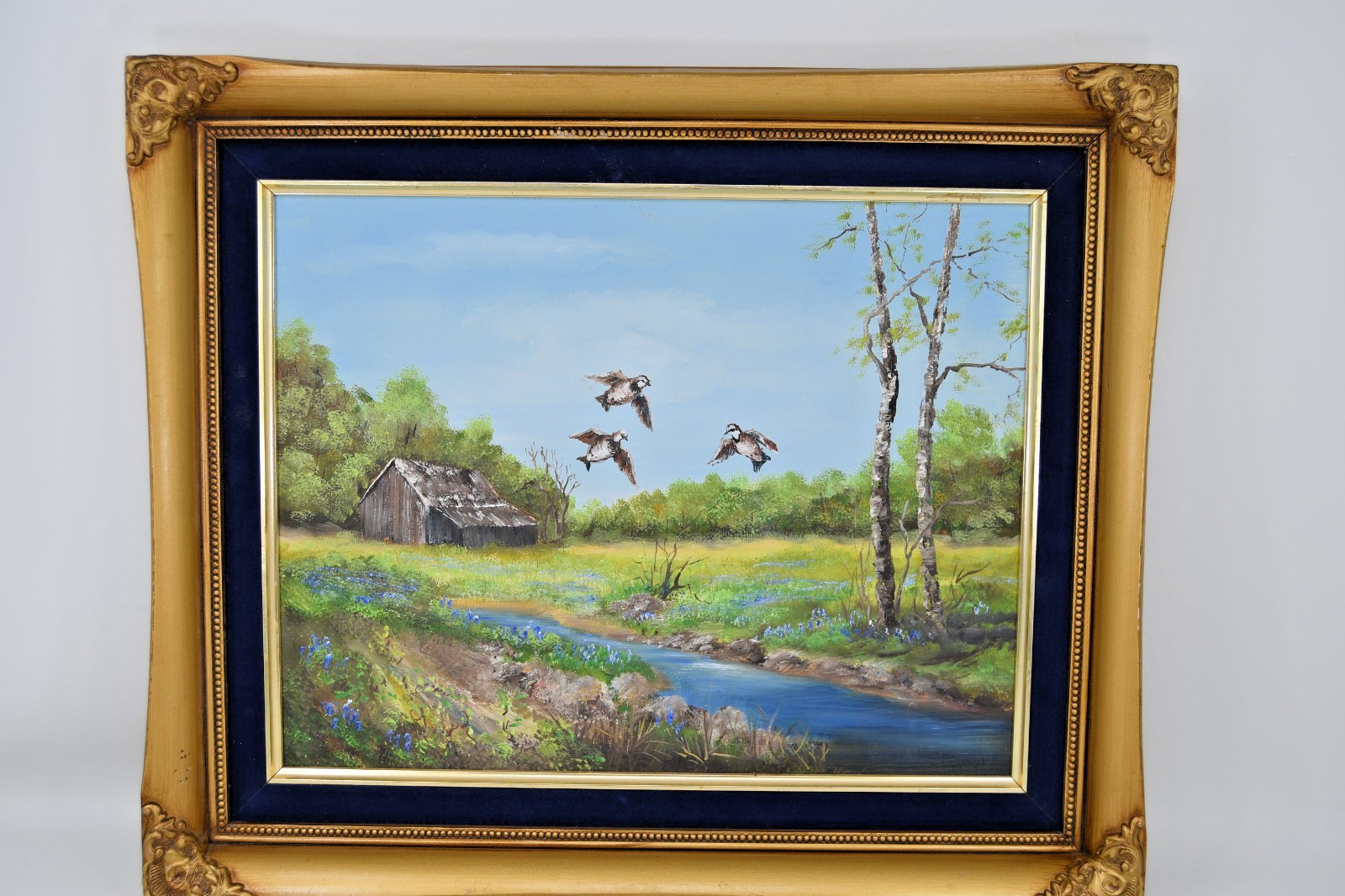 Texas Hill Country Oil Painting Landscape River Ducks Birds Cabin Creek Vintage
